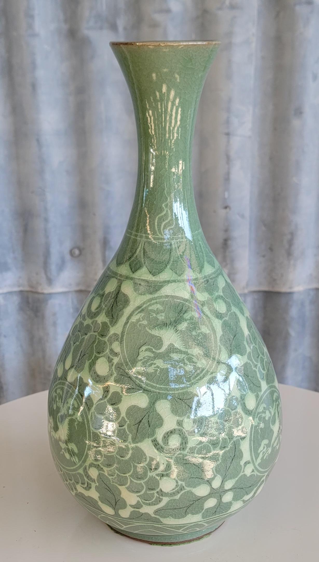 Chinese Export Decorated Celadon Vase For Sale