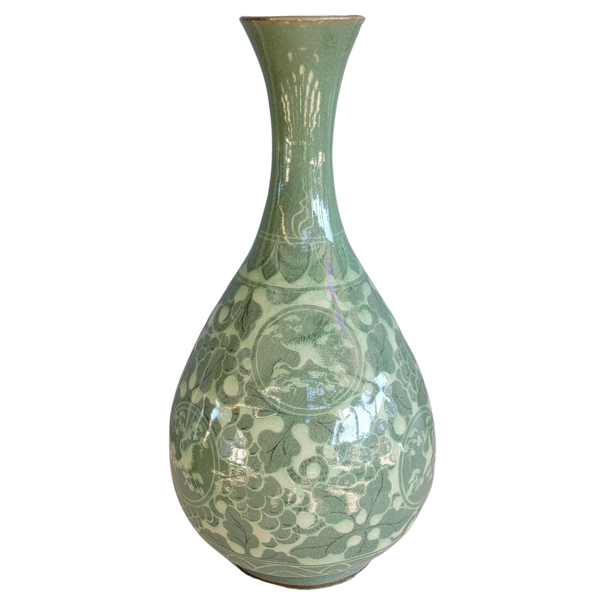 Decorated Celadon Vase For Sale