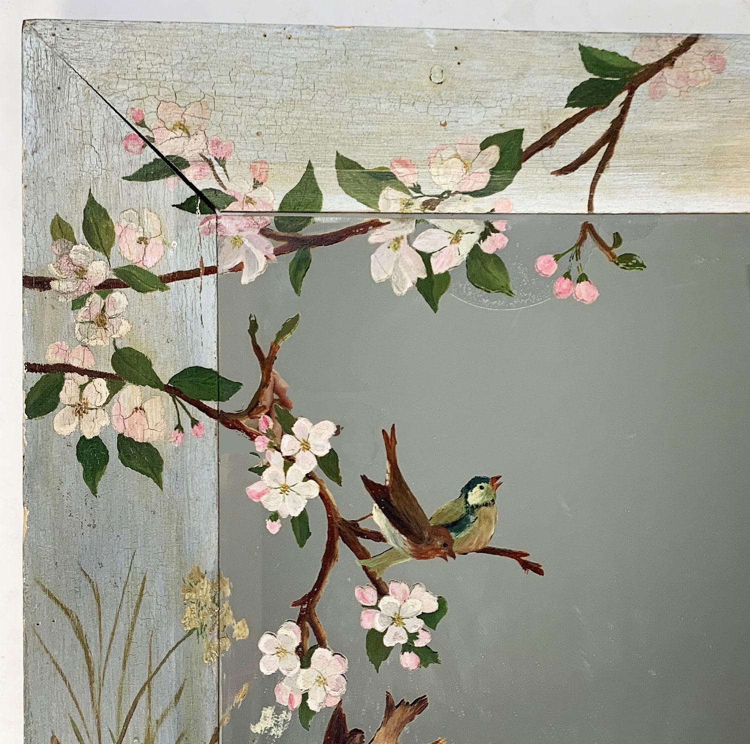 Adirondack Decorated Cottage Mirror Beveled Glass Painted w/Birds and Blossoms, circa 1890