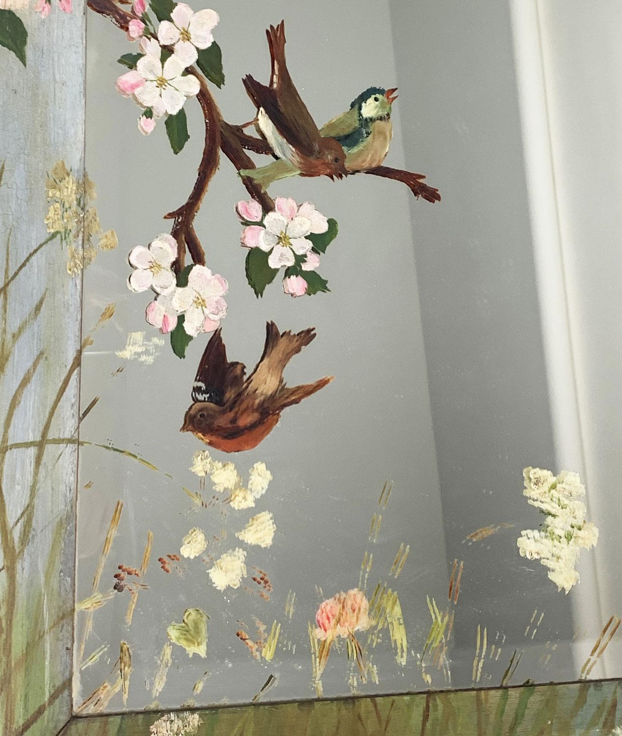 American Decorated Cottage Mirror Beveled Glass Painted w/Birds and Blossoms, circa 1890