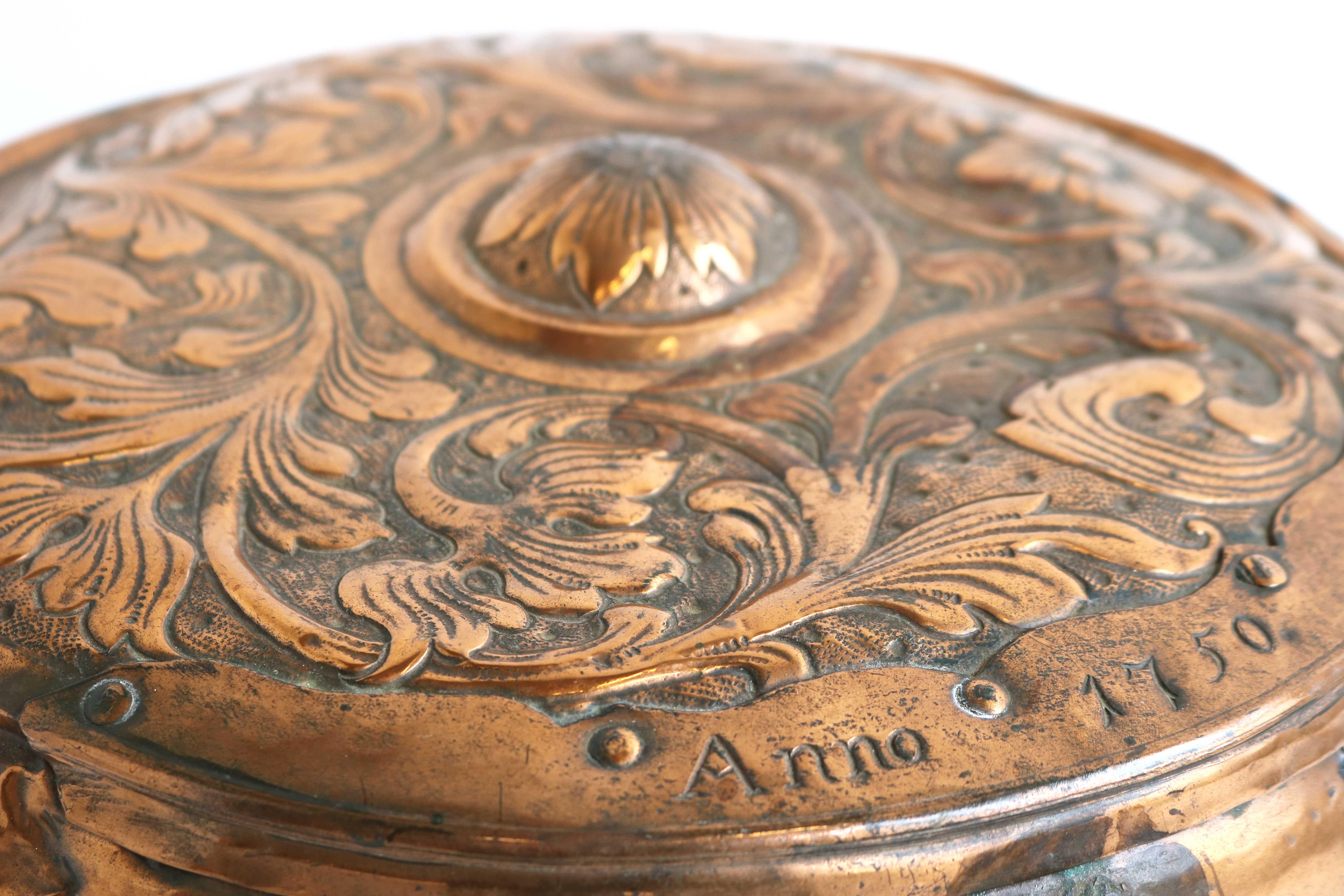 Decorated Dutch Antique Copper Bowl / Pot with Lid, 18th Century, Dated 1750 For Sale 9