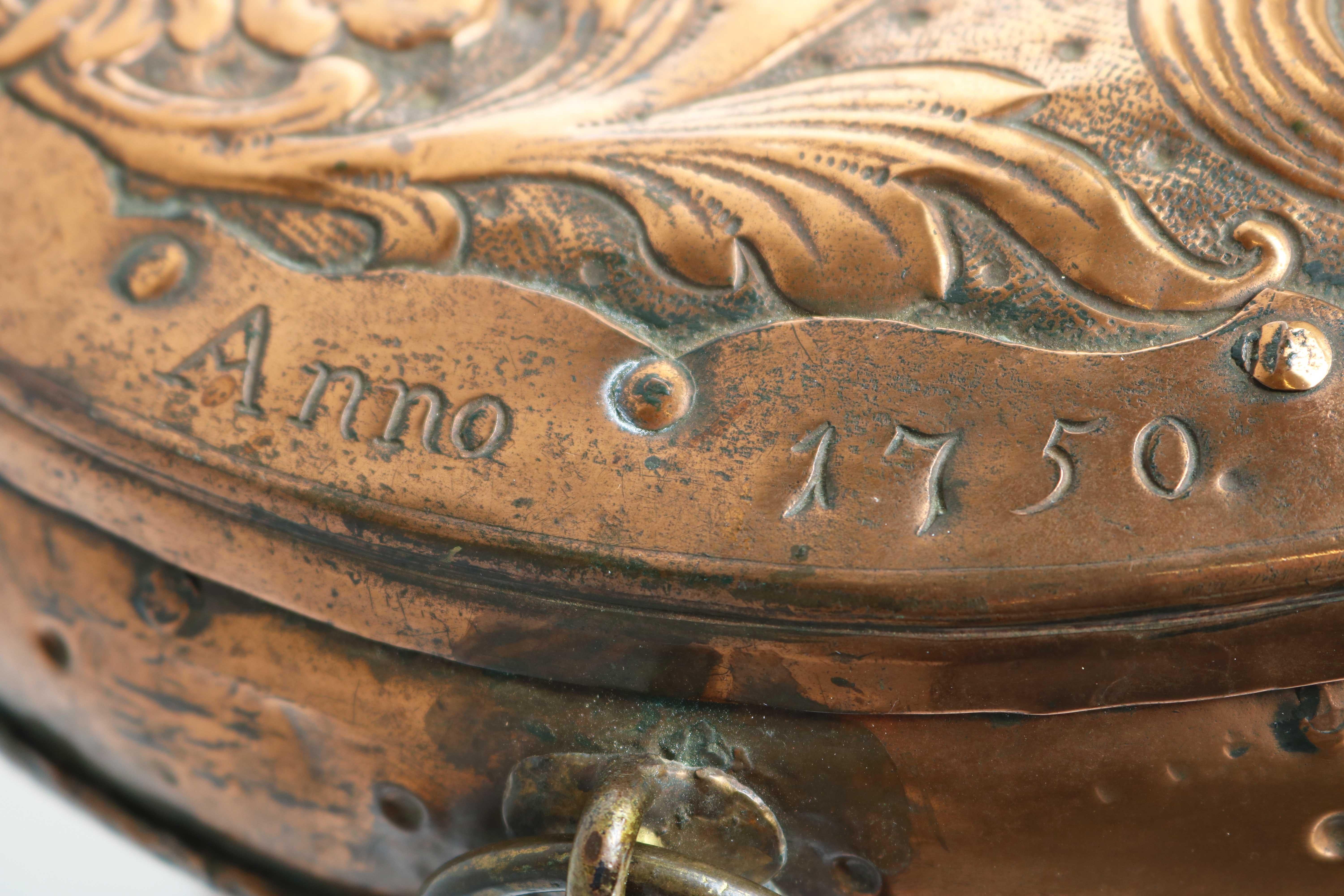 Folk Art Decorated Dutch Antique Copper Bowl / Pot with Lid, 18th Century, Dated 1750 For Sale