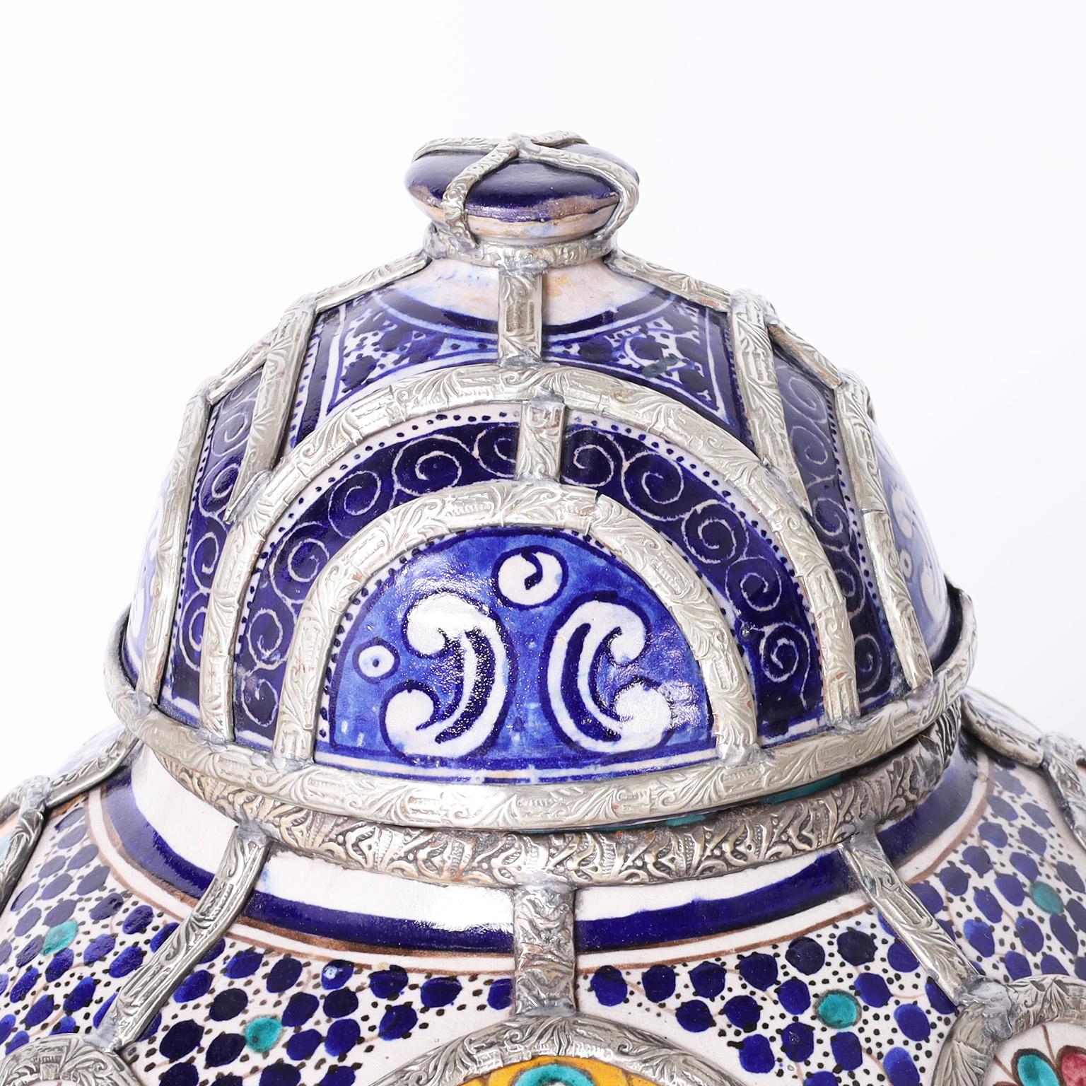 Moorish Decorated Earthenware Lidded Urn