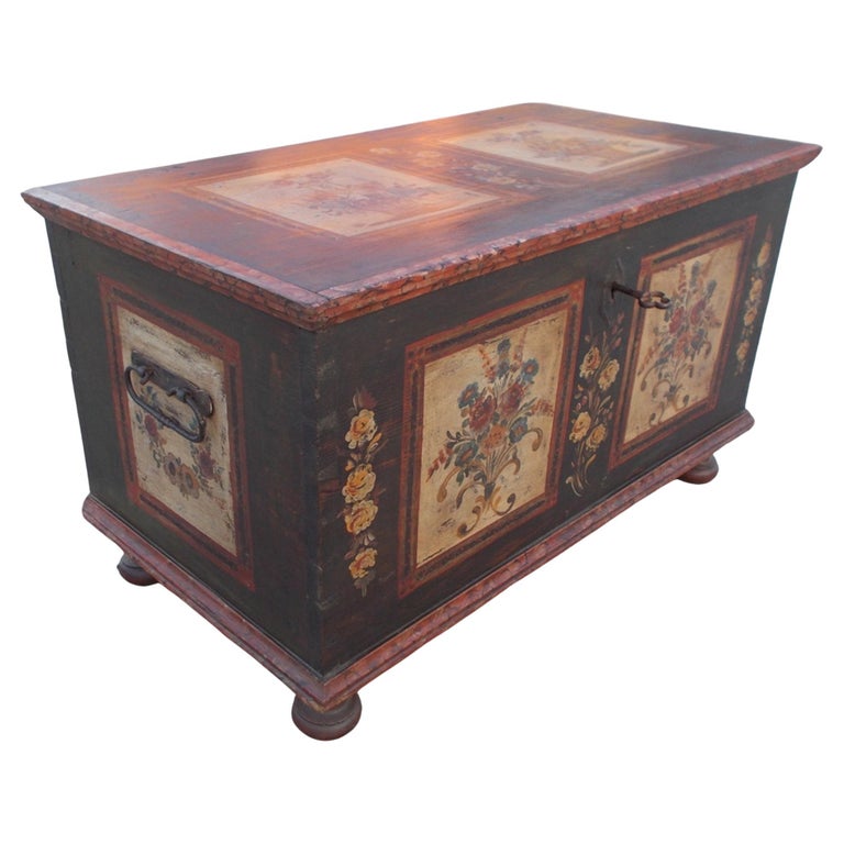 Decorated Larch Wooden Chest For Sale at 1stDibs