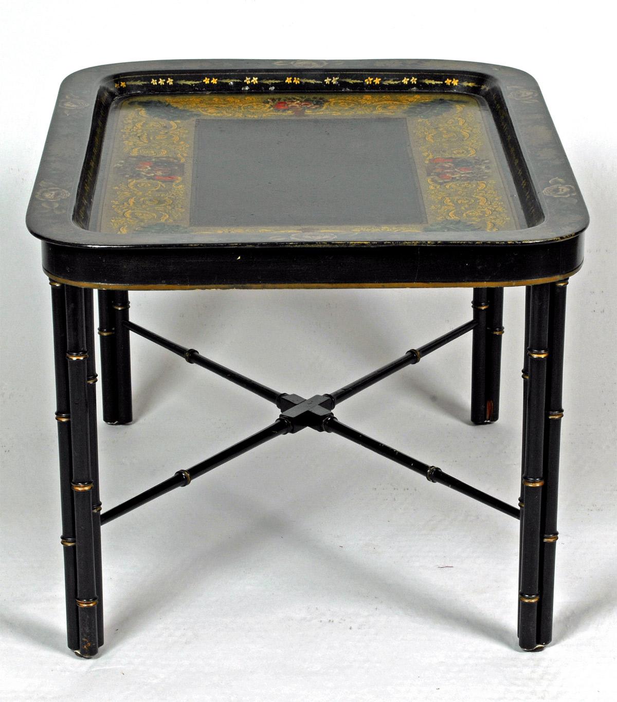 English Decorated Papier Mache Tray on Custom Stand, c1820