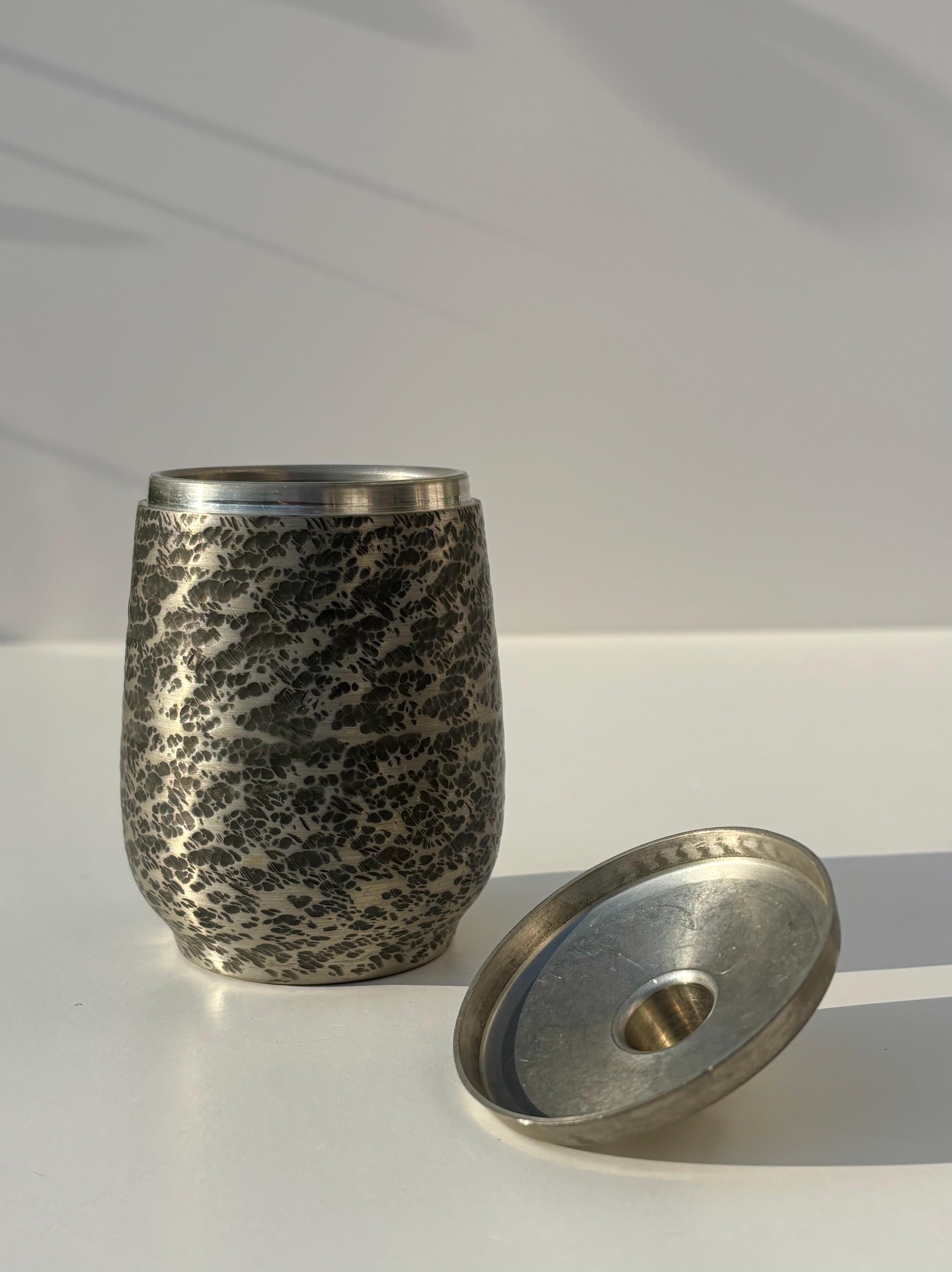 Metal Decorated Pewter Lidded Vessel, Norway, 1950s For Sale