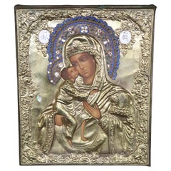 Placca da parete decorata religiosa, forse russa, con icona smaltata e repousse in ottone
