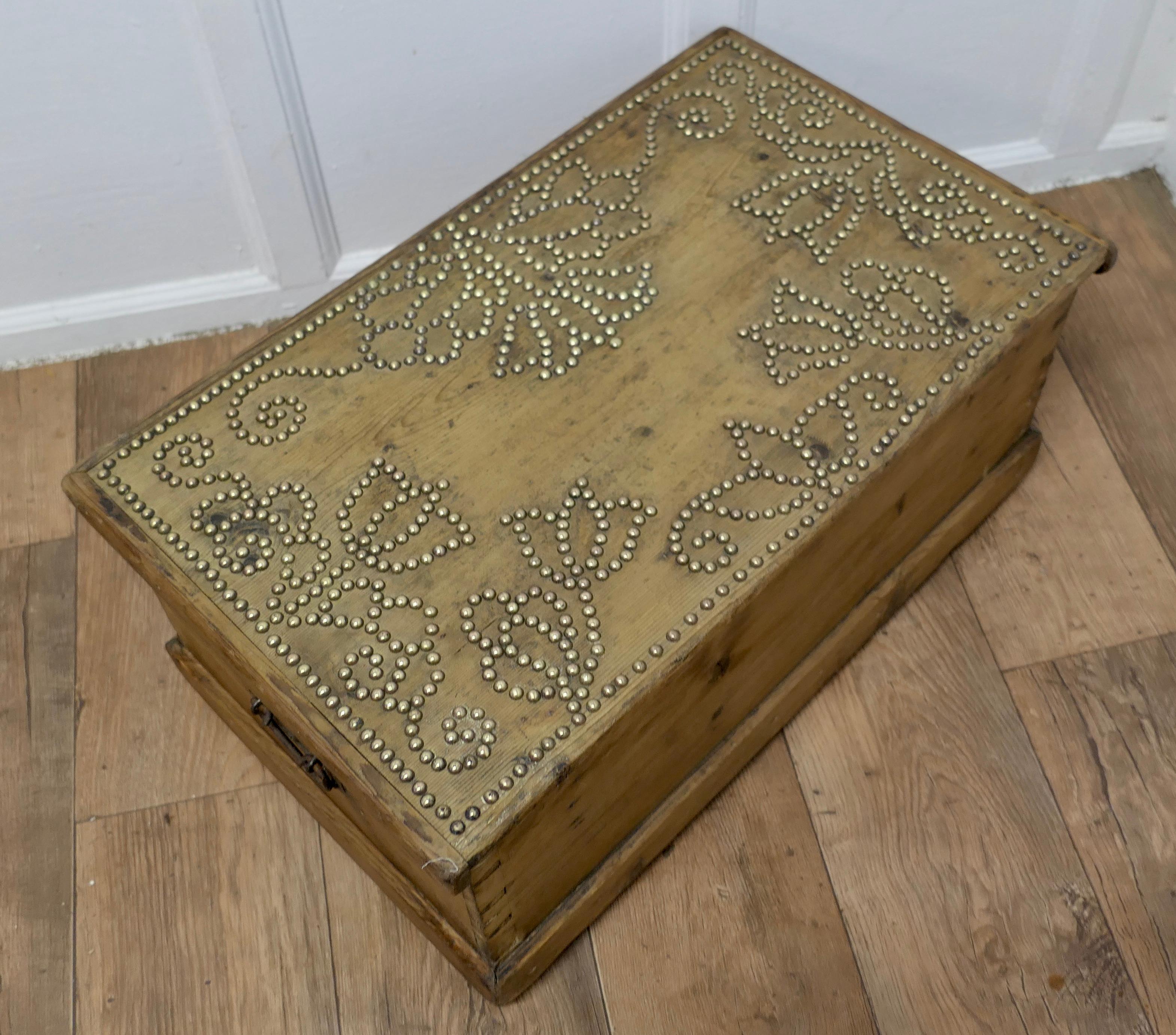 Folk Art Decorated Victorian Pine Blanket Box with Stud-work Design     For Sale