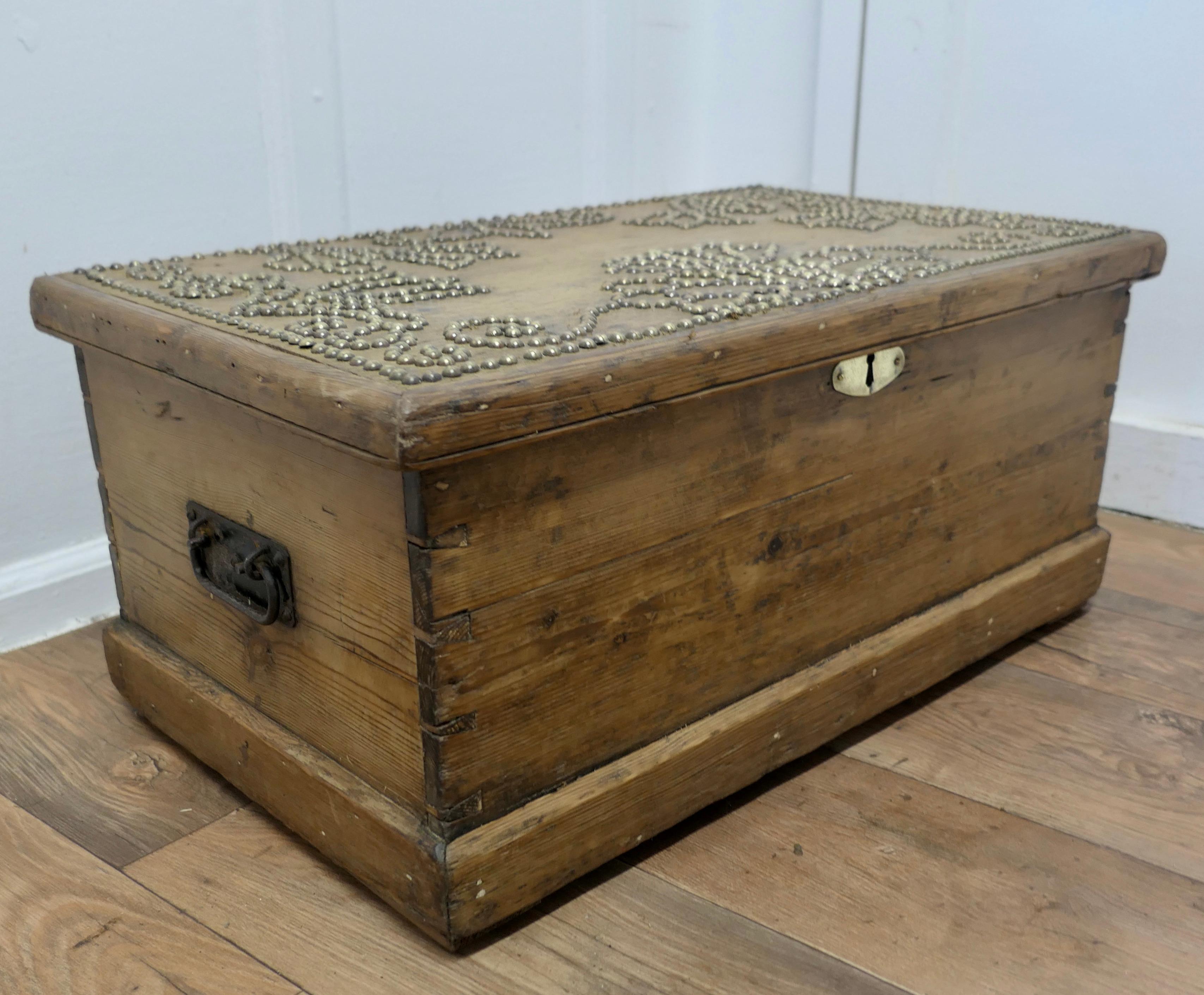 Decorated Victorian Pine Blanket Box with Stud-work Design     For Sale 1