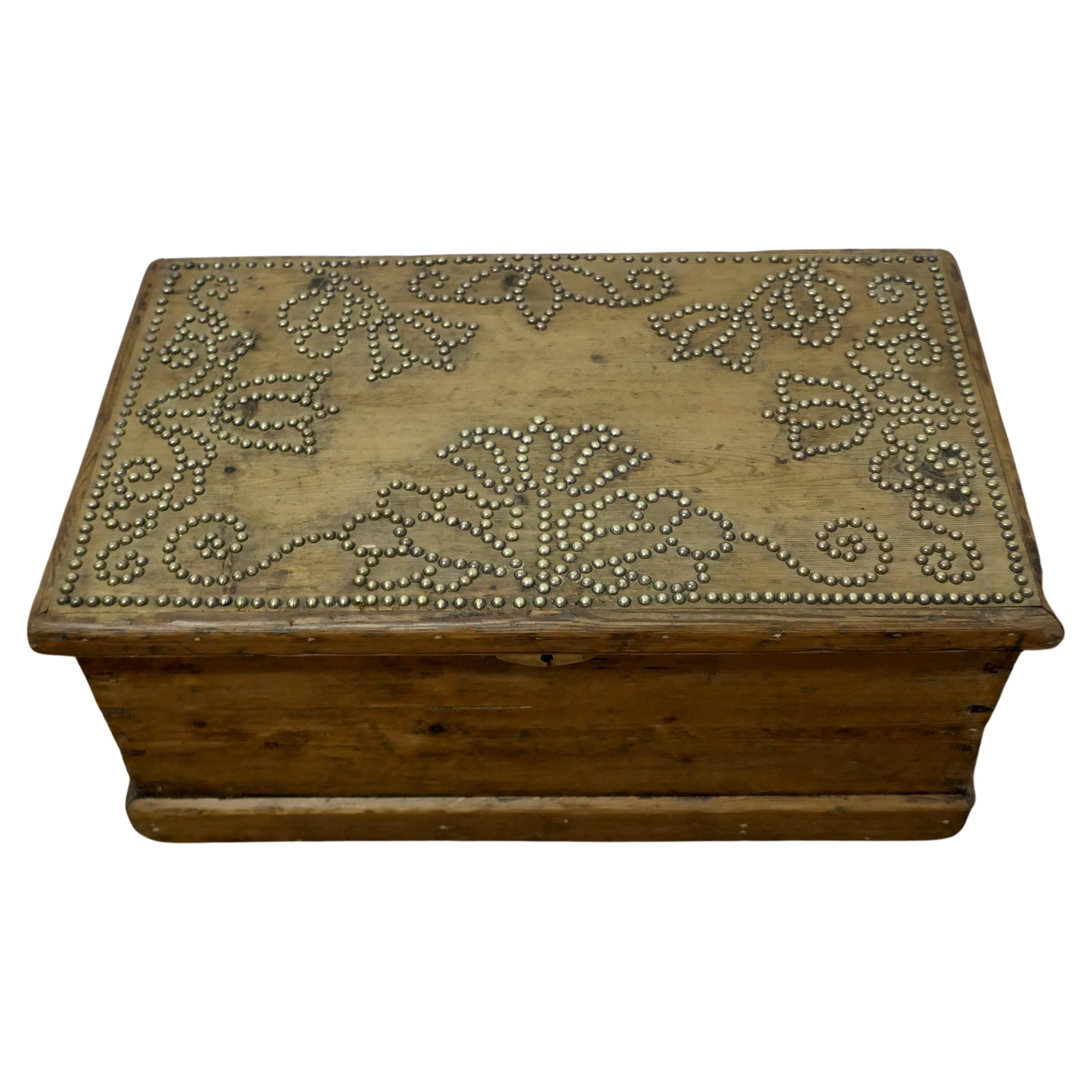 Decorated Victorian Pine Blanket Box with Stud-work Design     For Sale