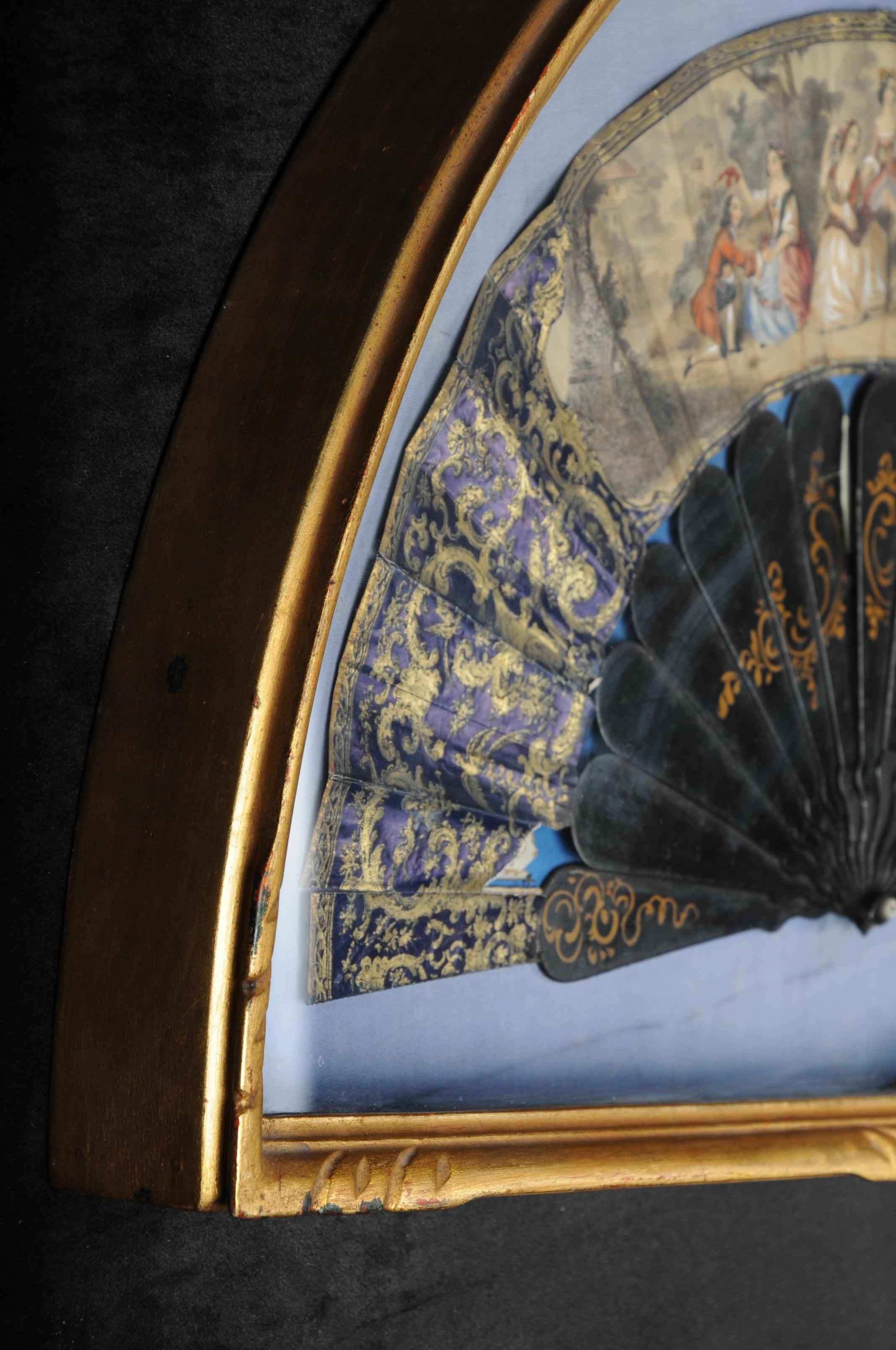 Decorative Hand Fan in Gilded Frame Demilune, 20th Century Old In Good Condition For Sale In Berlin, DE