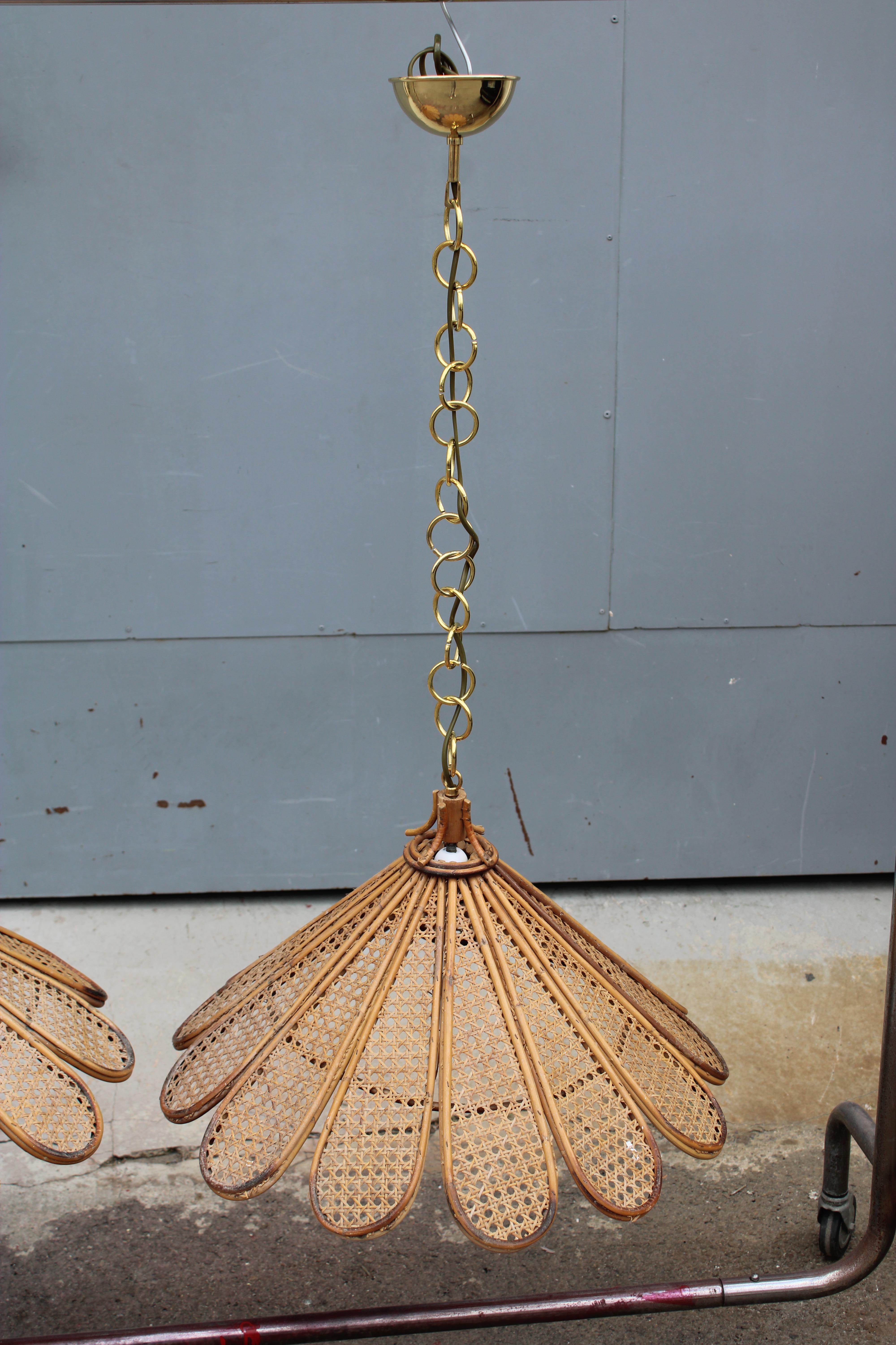 Decorative Pair of Bamboo and Brass Chandeliers Italian design 1950s For Sale 4