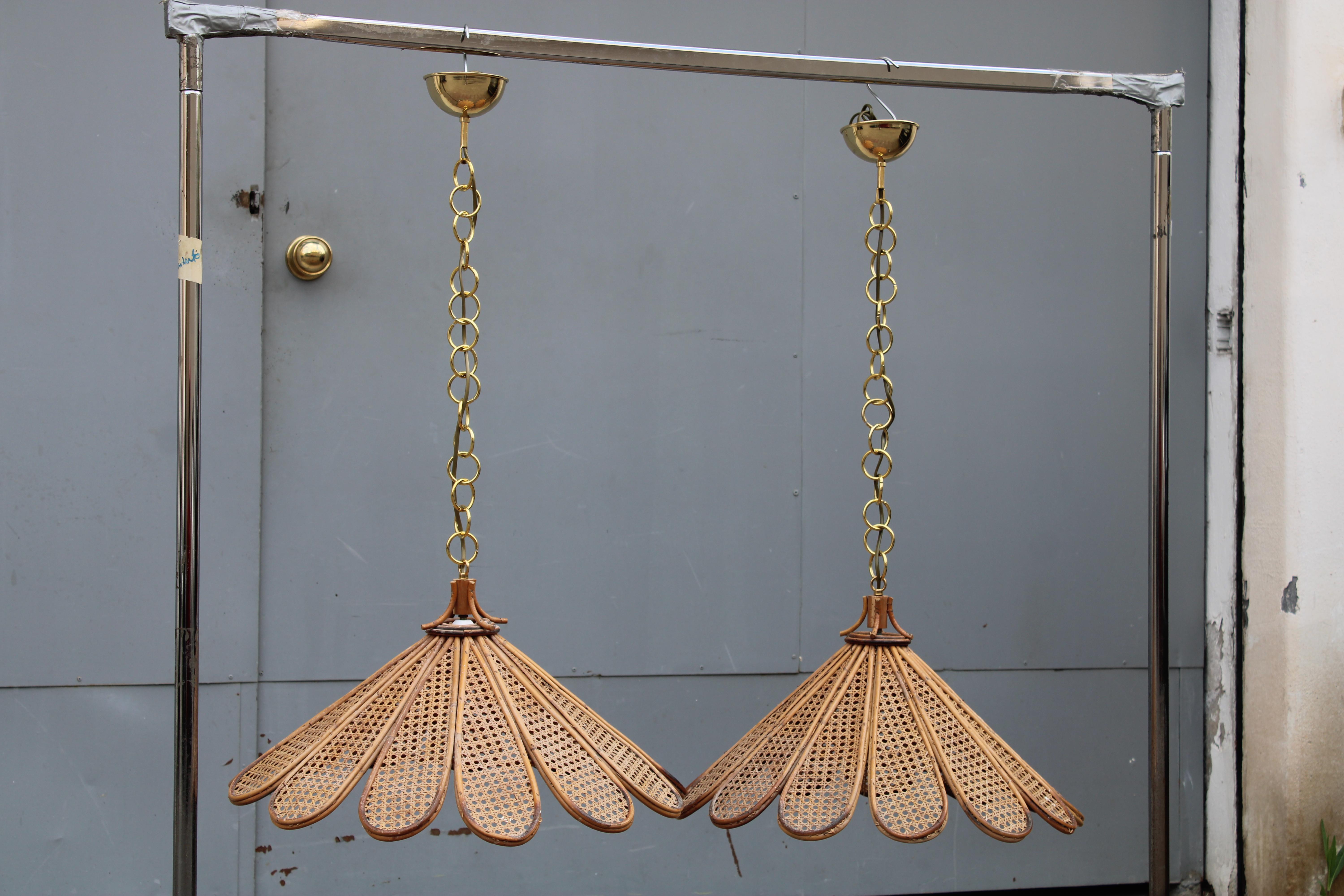 Decorative Pair of Bamboo and Brass Chandeliers Italian design 1950s For Sale 5
