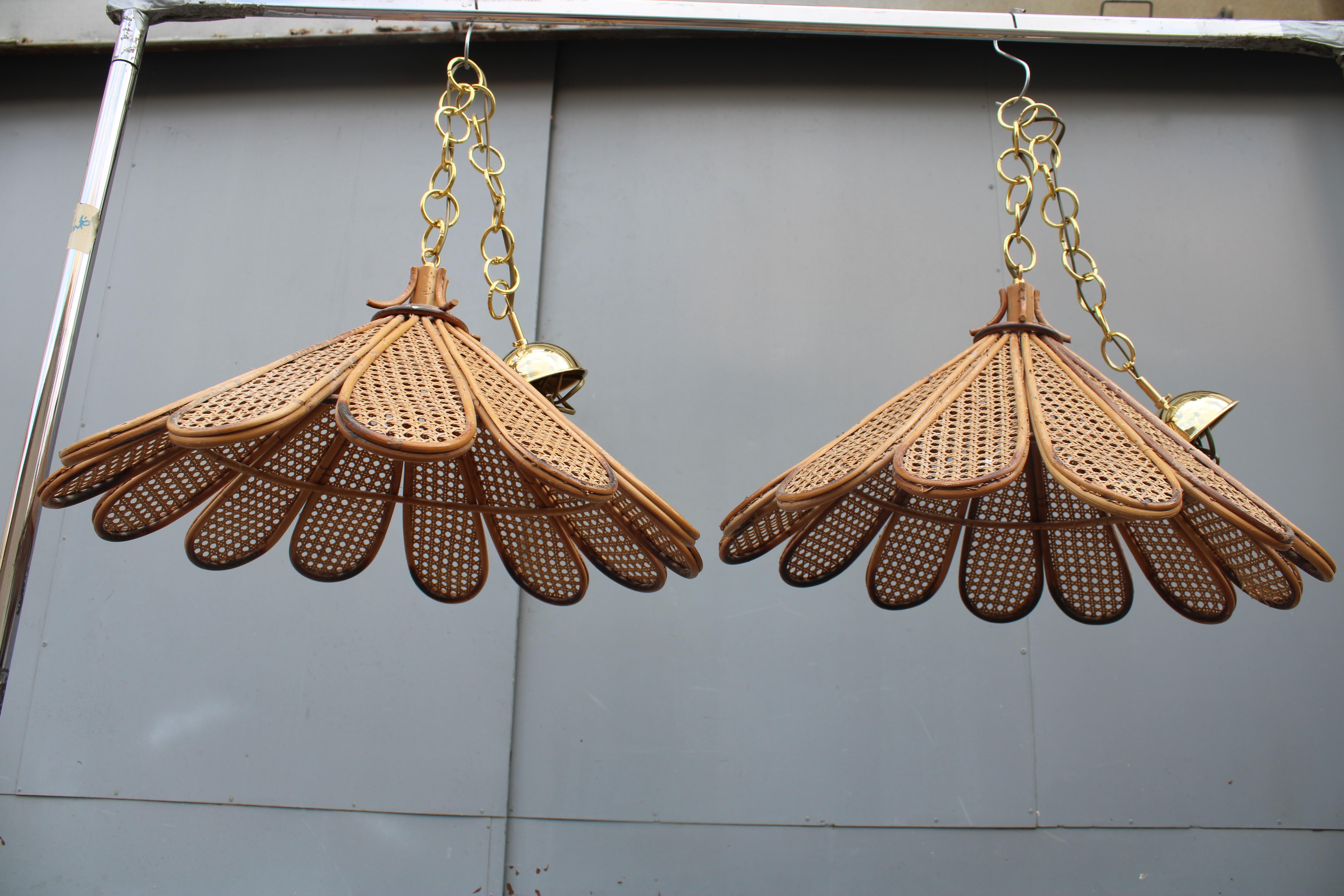 Decorative Pair of Bamboo and Brass Chandeliers Italian design 1950s For Sale 7