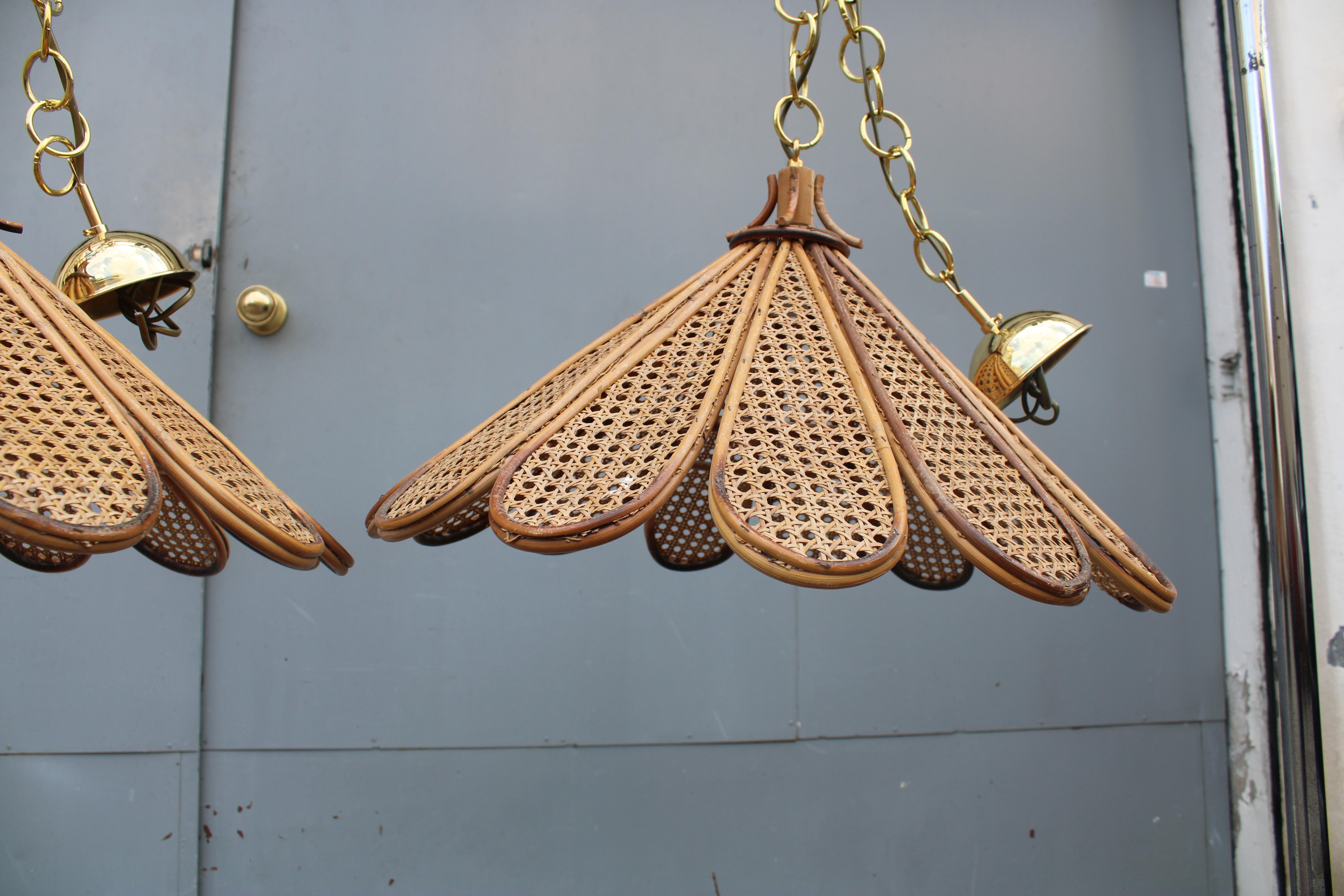 Decorative Pair of Bamboo and Brass Chandeliers Italian design 1950s For Sale 9