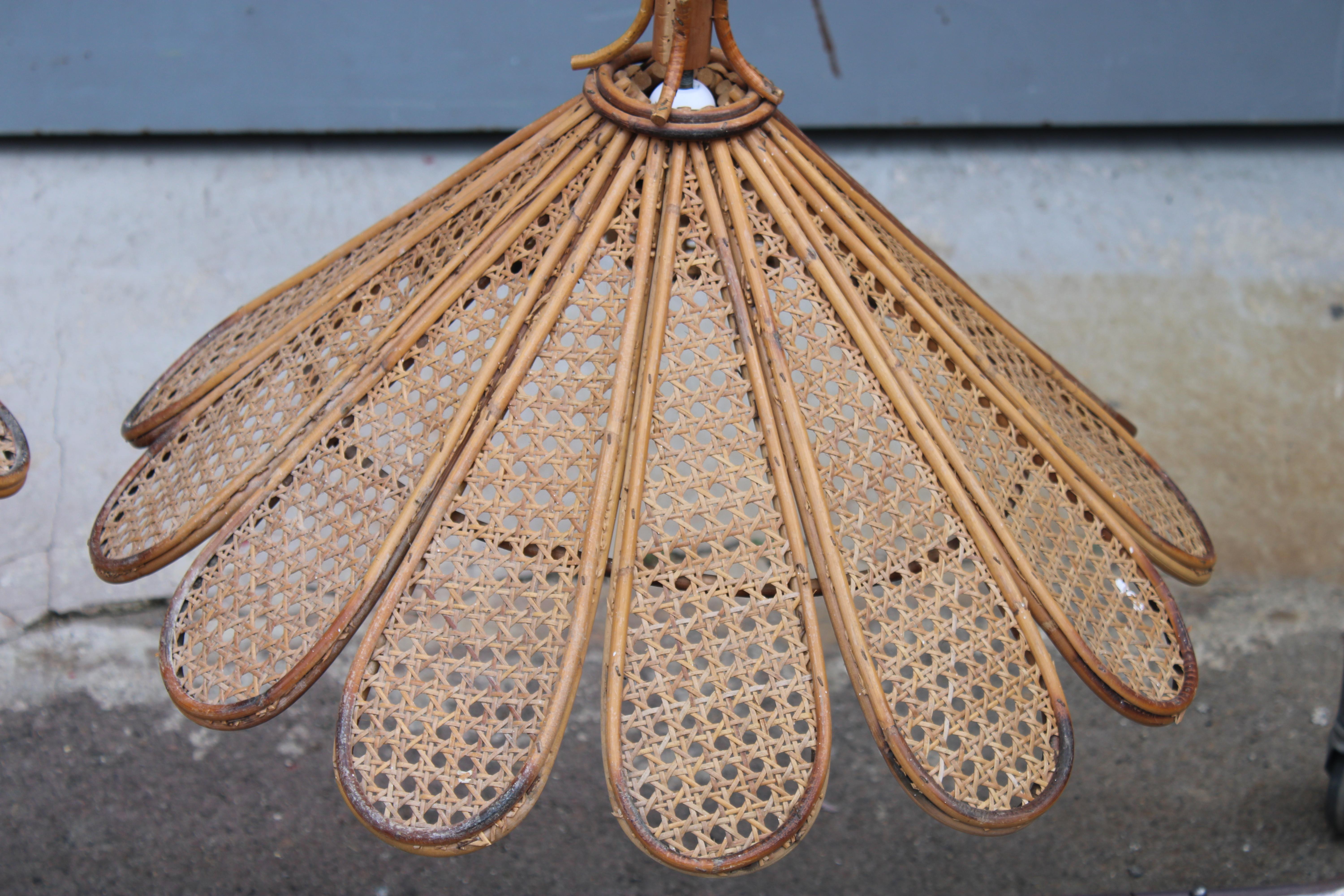 Mid-Century Modern Decorative Pair of Bamboo and Brass Chandeliers Italian design 1950s For Sale