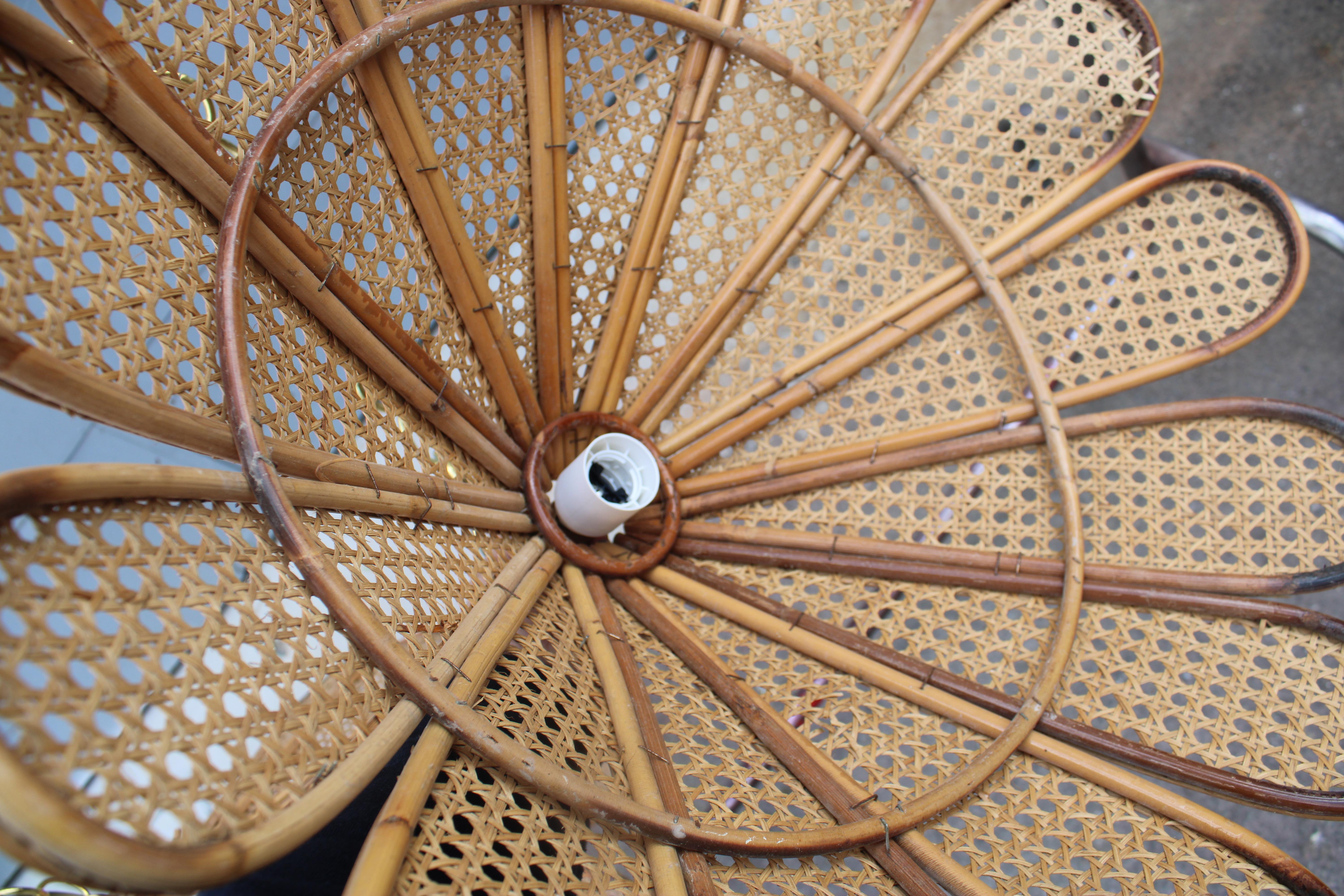 Decorative Pair of Bamboo and Brass Chandeliers Italian design 1950s For Sale 2