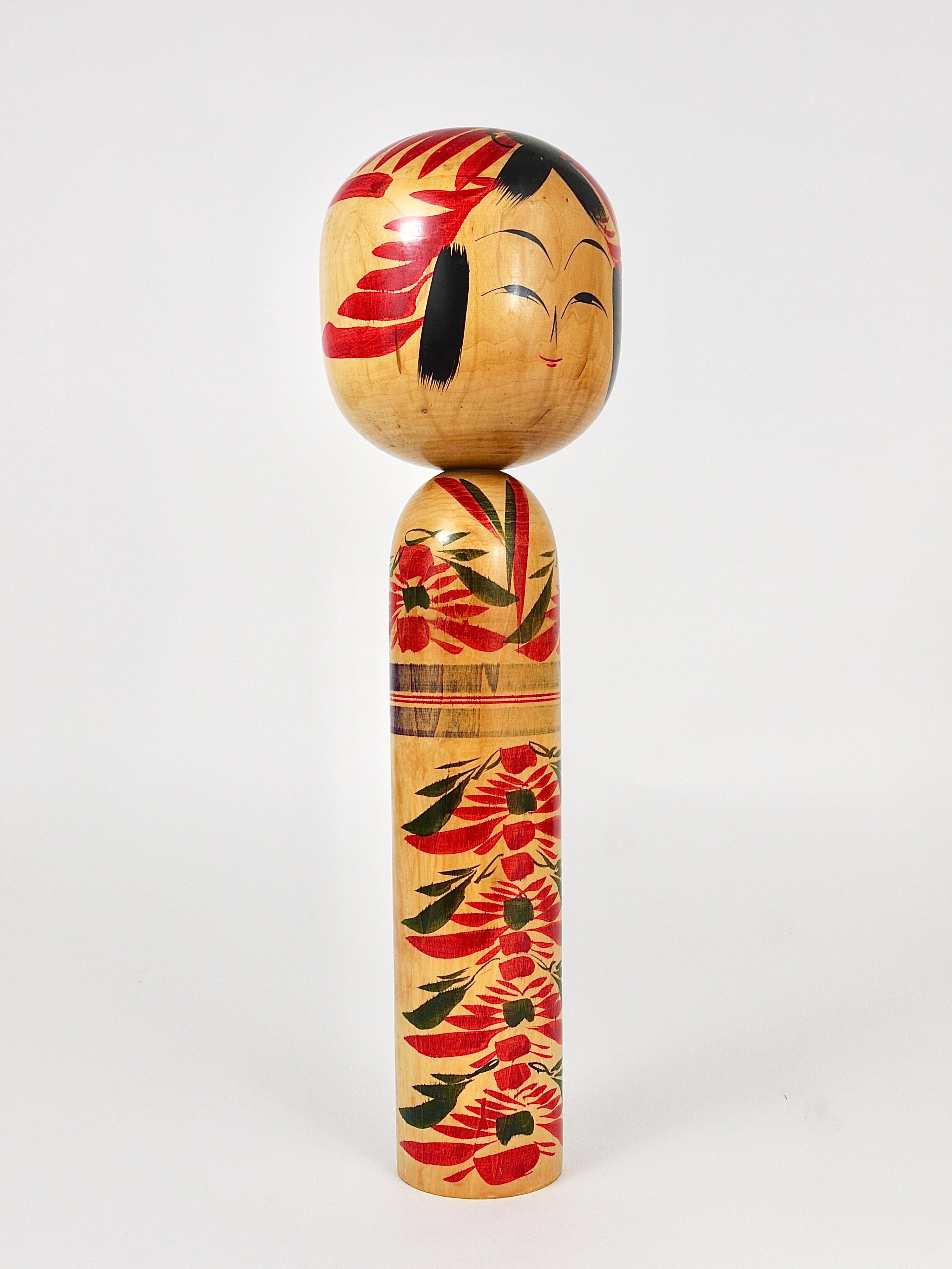 Edo Decorative Kokeshi Doll Sculpture from Northern Japan, Hand-Painted, Signed