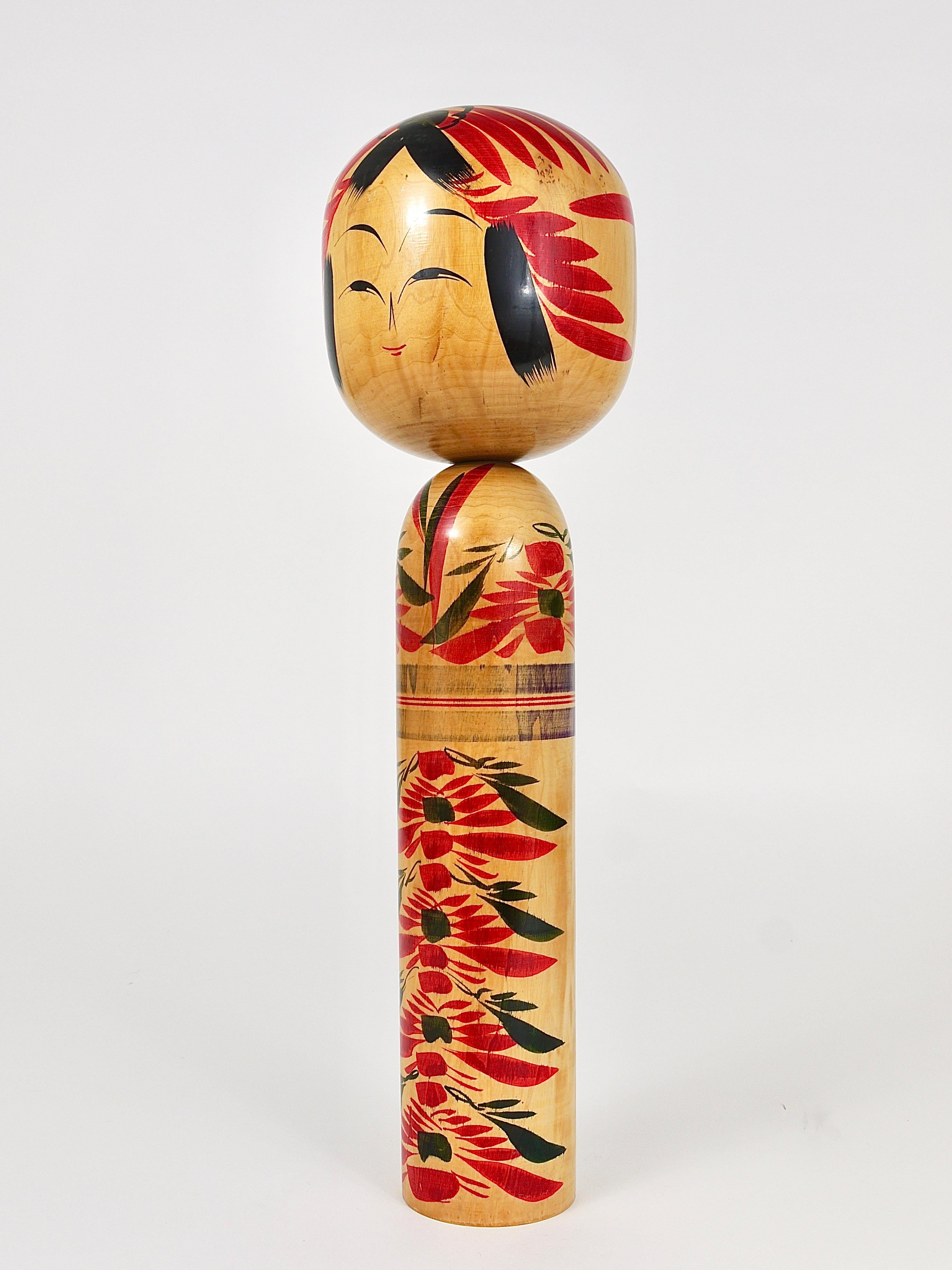 Japanese Decorative Kokeshi Doll Sculpture from Northern Japan, Hand-Painted, Signed