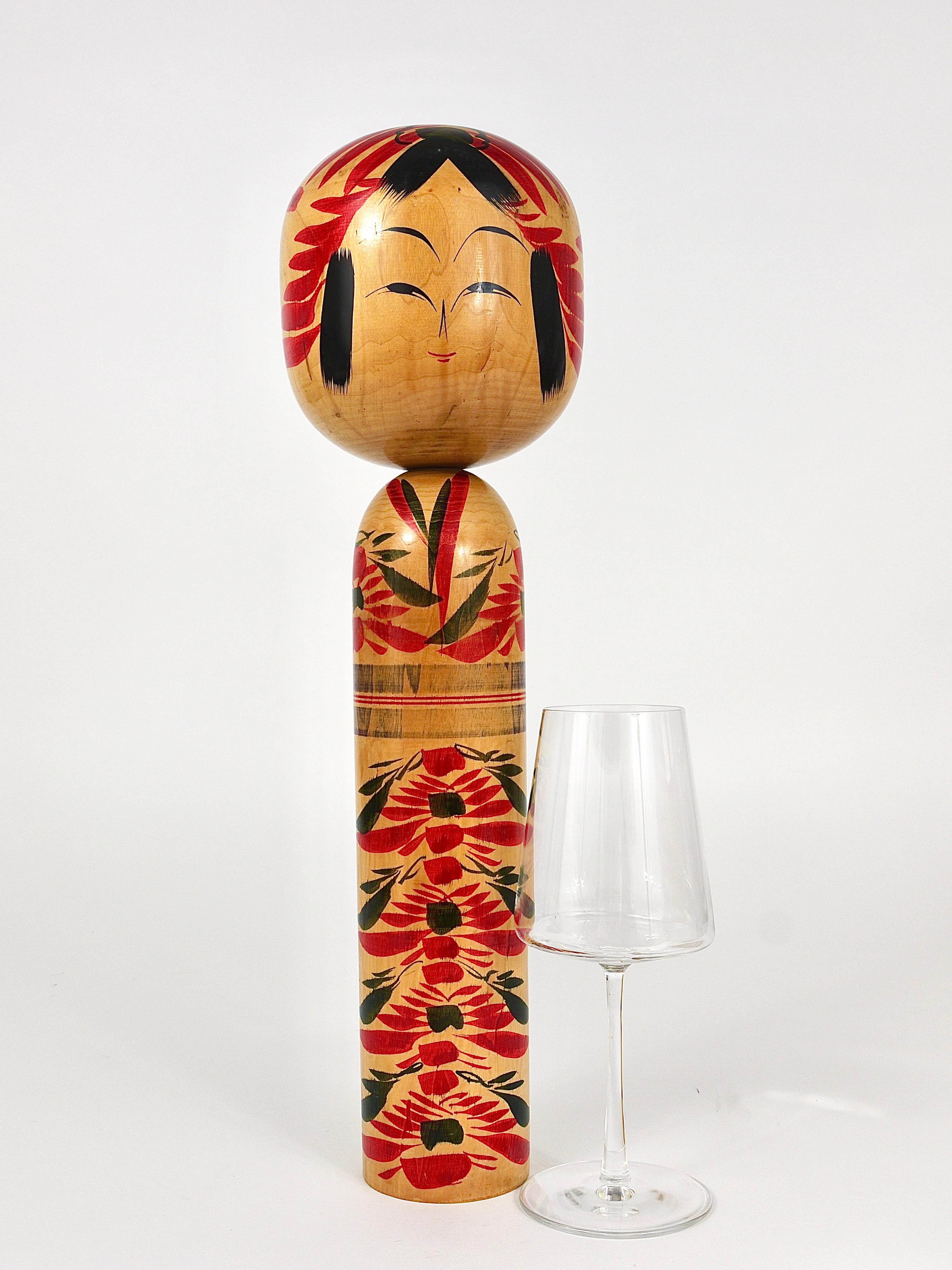 Hand-Carved Decorative Kokeshi Doll Sculpture from Northern Japan, Hand-Painted, Signed