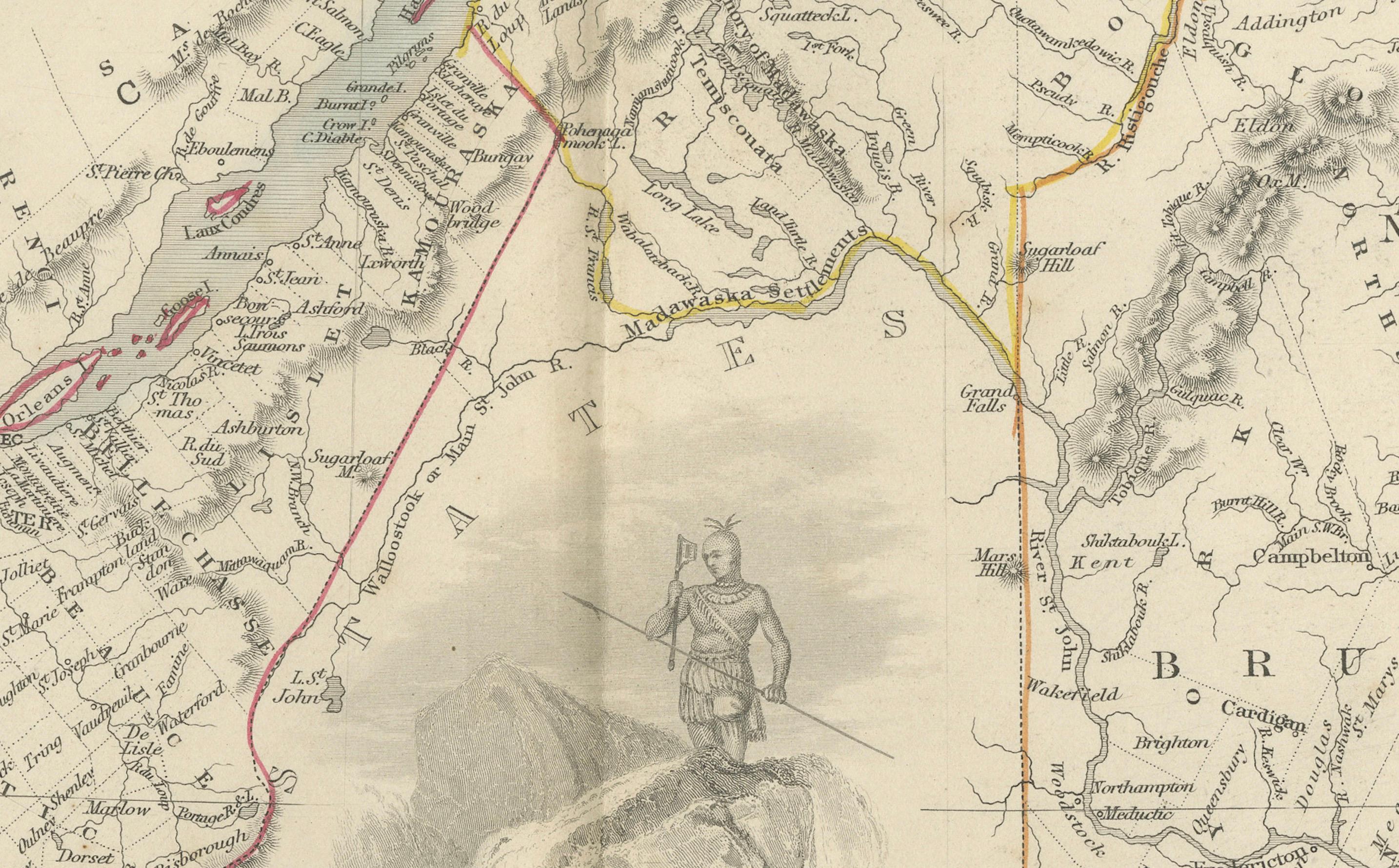 Carte décorative des années 1850 de l'Est du Canada et du Nouveau-Brunswick avec des vignettes historiques  
  
Cette magnifique carte de l'Est du Canada et du Nouveau-Brunswick, dessinée et gravée par J. Rapkin et publiée par J & F Tallis, met en