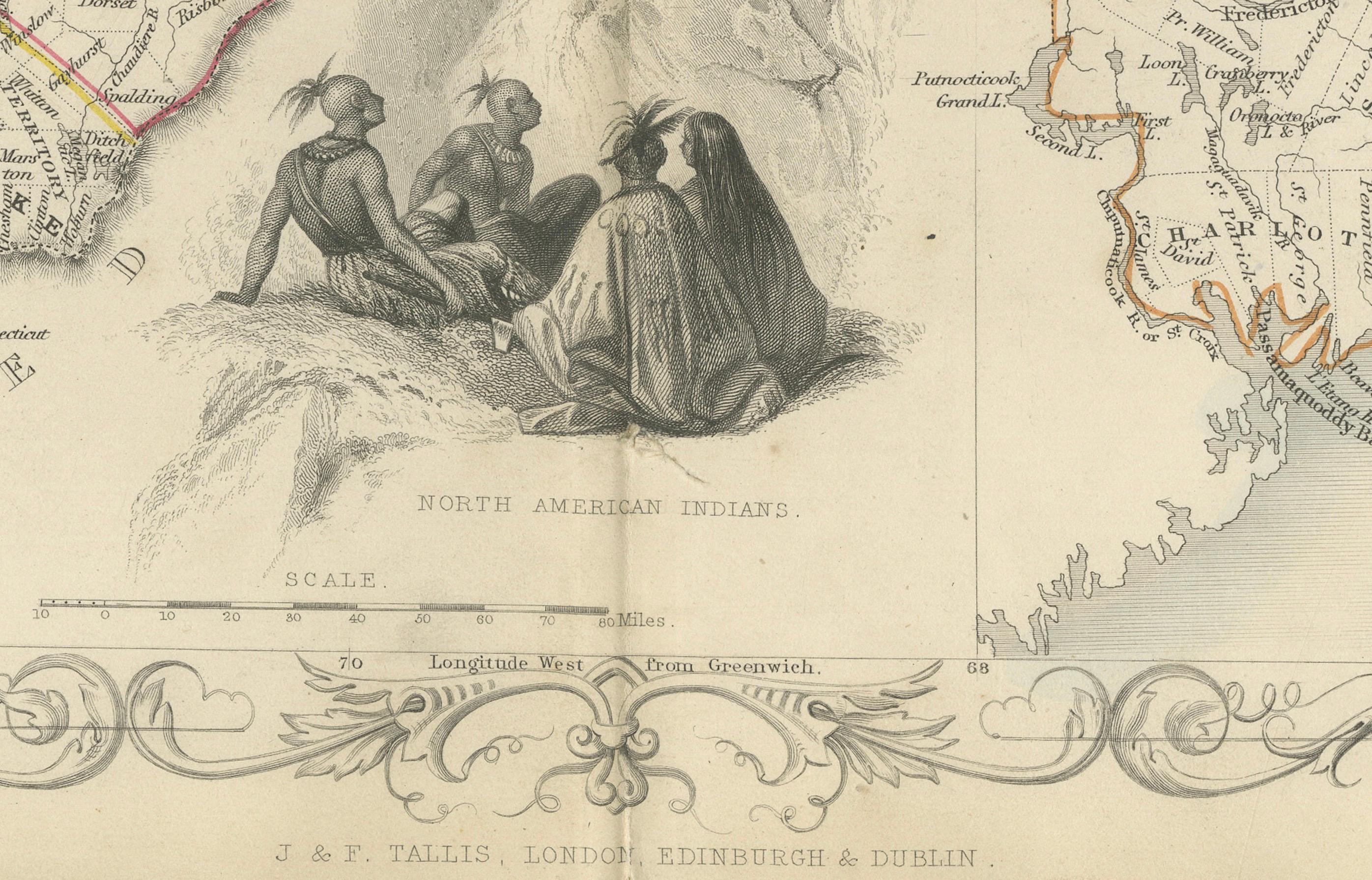 Gravé Carte décorative des années 1850 du Canada de l'Est et du Nouveau-Brunswick avec Vignettes historiques en vente