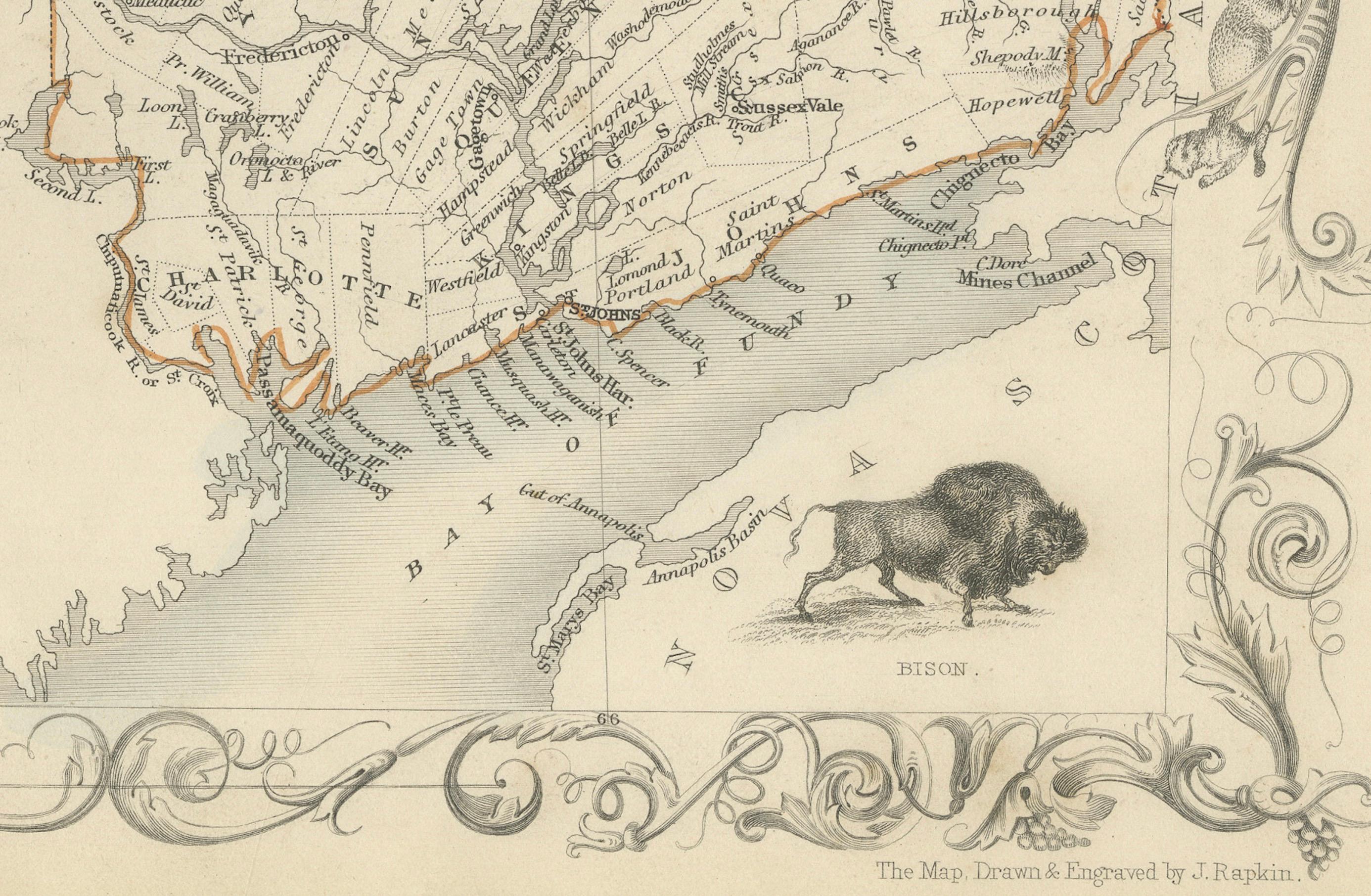 Carte décorative des années 1850 du Canada de l'Est et du Nouveau-Brunswick avec Vignettes historiques Bon état - En vente à Langweer, NL
