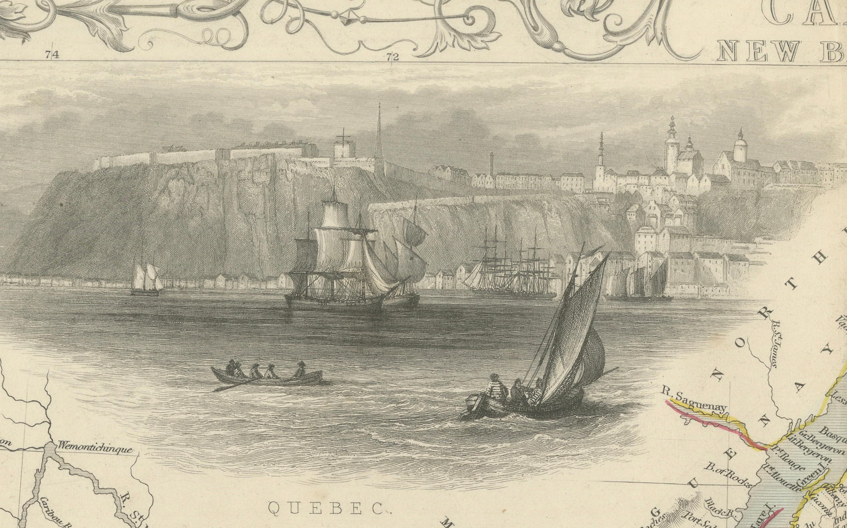 Milieu du XIXe siècle Carte décorative des années 1850 du Canada de l'Est et du Nouveau-Brunswick avec Vignettes historiques en vente