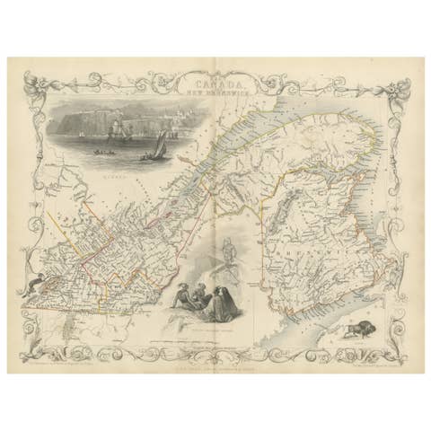 Decorative 1850s Map of Eastern Canada and New Brunswick with Historic Vignettes