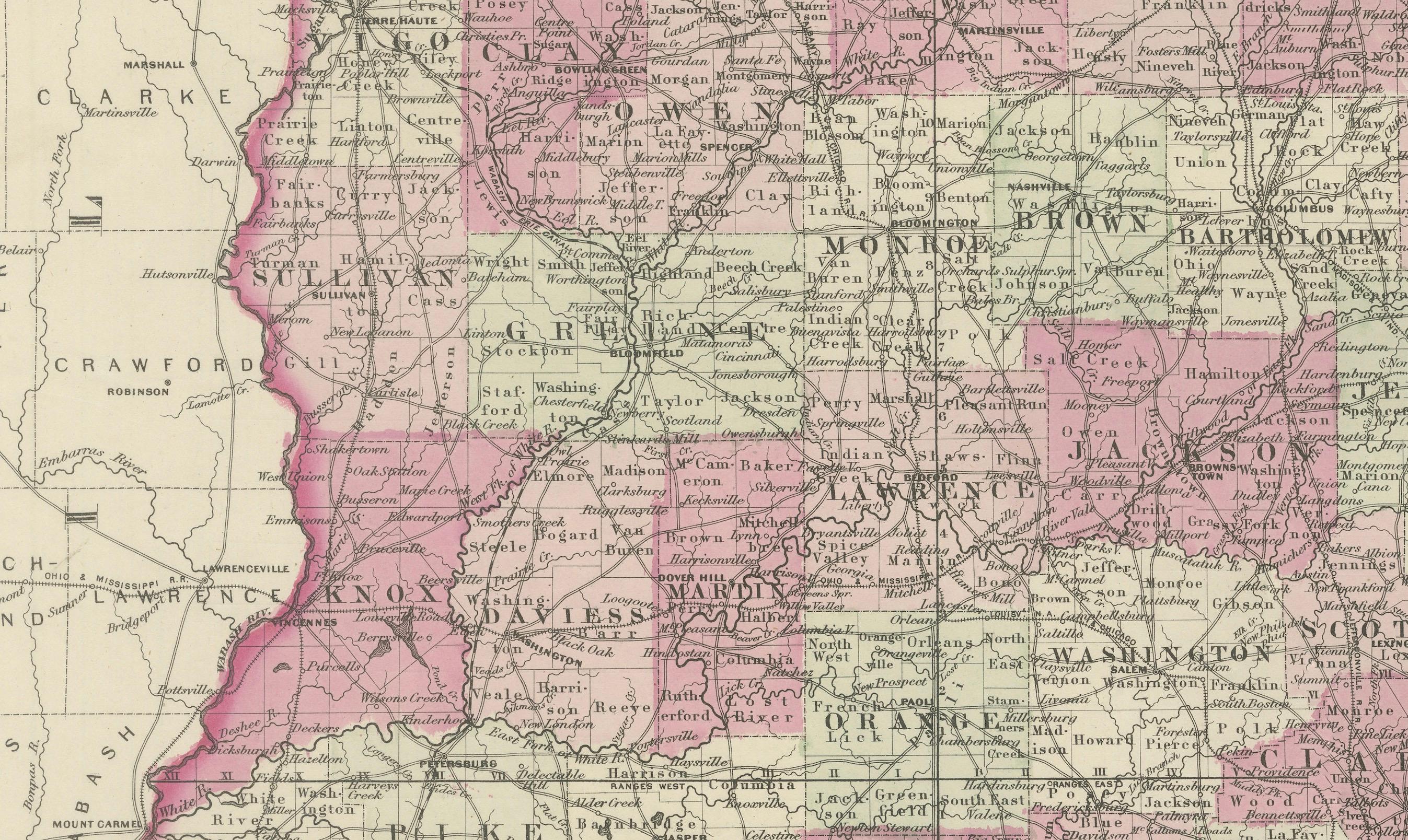 Titel: Seltene Karte von Indiana aus dem Bürgerkrieg von 1864 mit Detail des Michigansees

Beschreibung: Diese fein detaillierte antike Karte mit dem Titel 