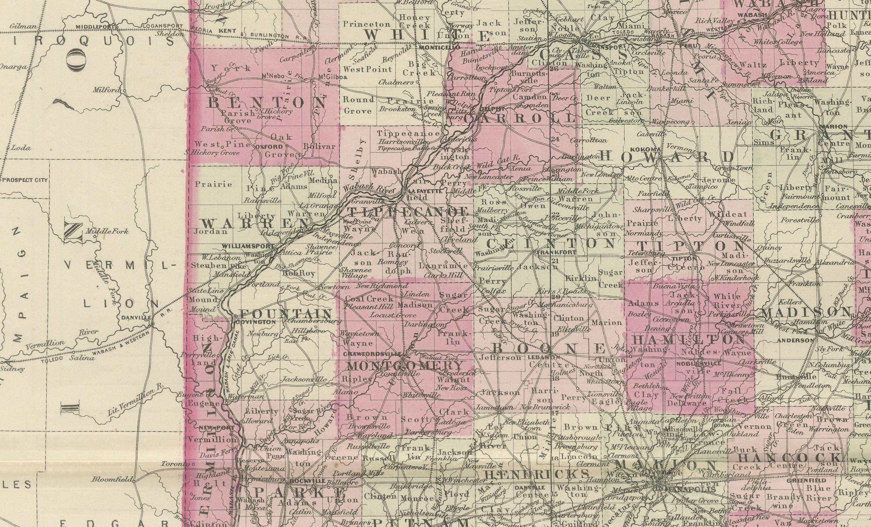 Dekorative Karte aus der Zeit des Bürgerkriegs 1864 von Indiana mit Lake Michigan-Details im Zustand „Gut“ im Angebot in Langweer, NL