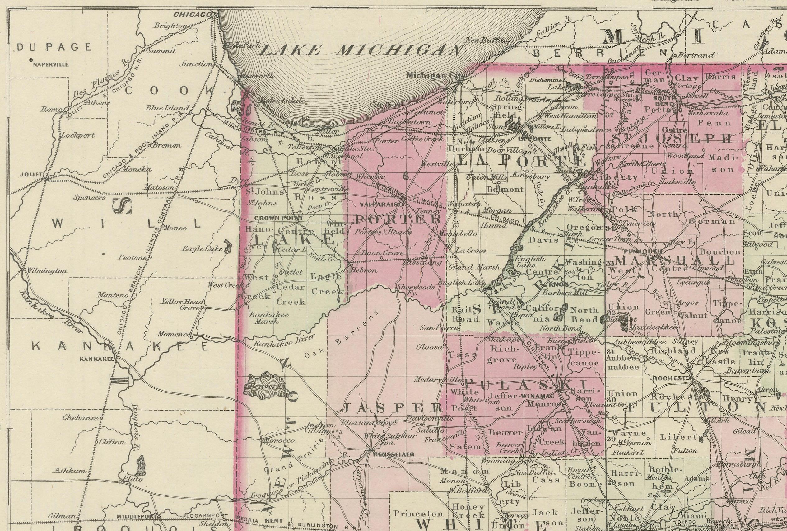 Dekorative Karte aus der Zeit des Bürgerkriegs 1864 von Indiana mit Lake Michigan-Details (Mittleres 19. Jahrhundert) im Angebot