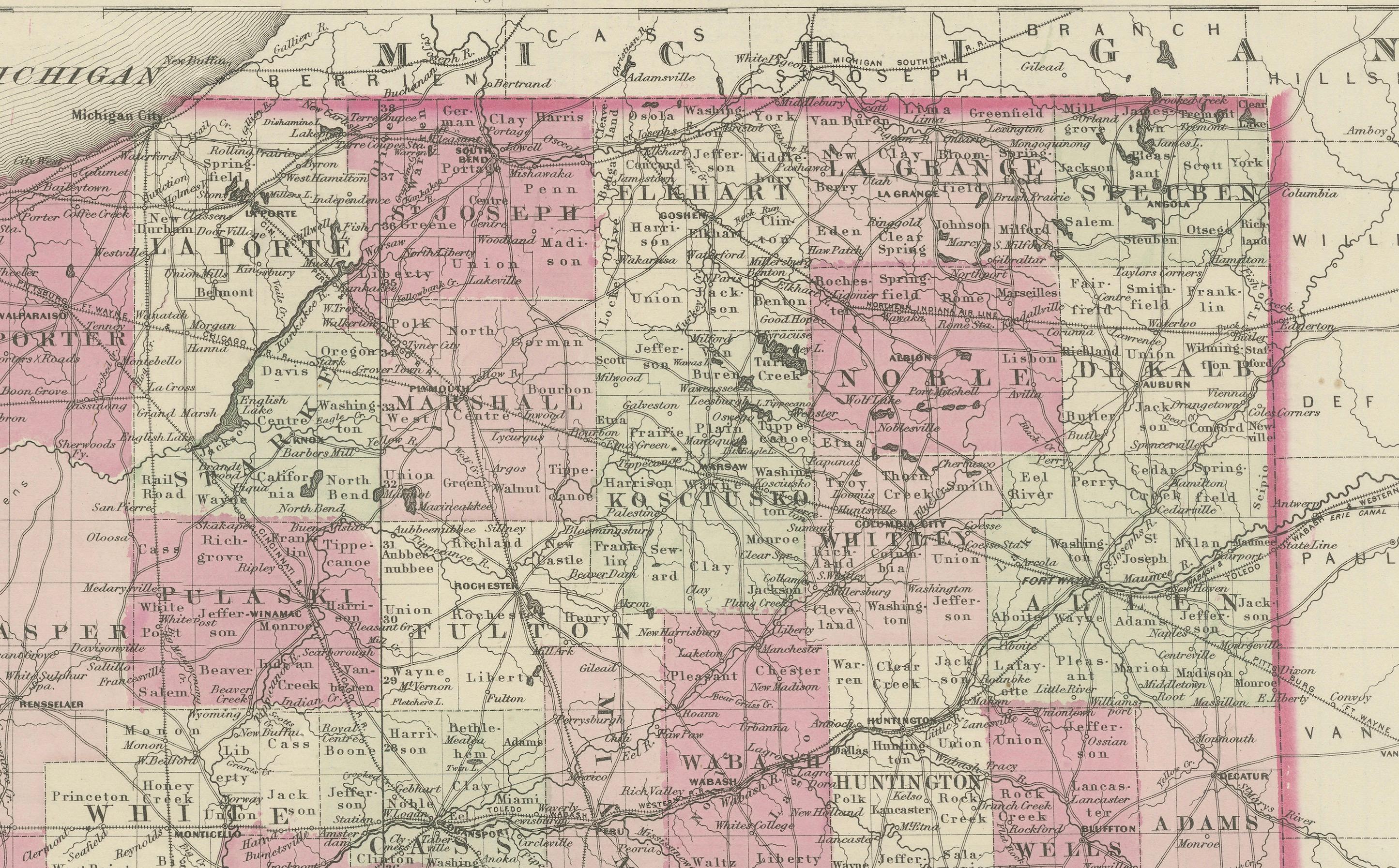 Dekorative Karte aus der Zeit des Bürgerkriegs 1864 von Indiana mit Lake Michigan-Details (Papier) im Angebot