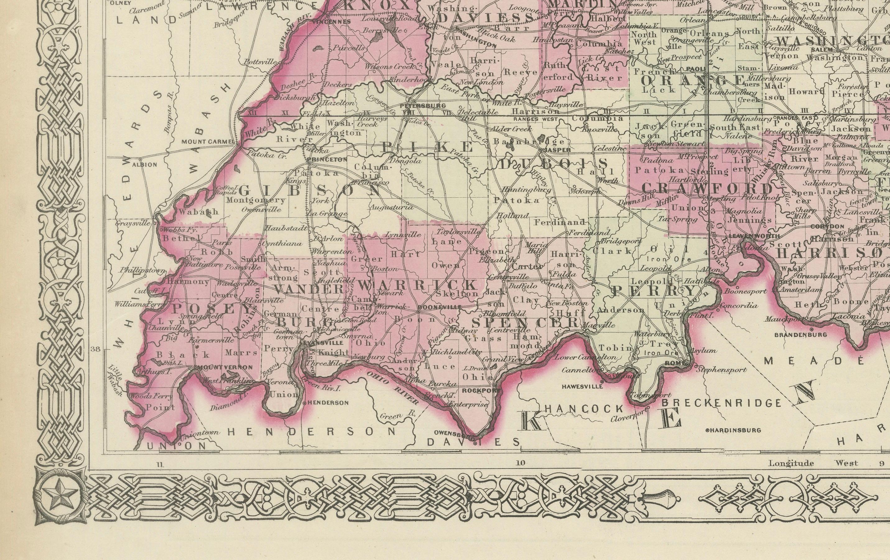 Dekorative Karte aus der Zeit des Bürgerkriegs 1864 von Indiana mit Lake Michigan-Details im Angebot 2