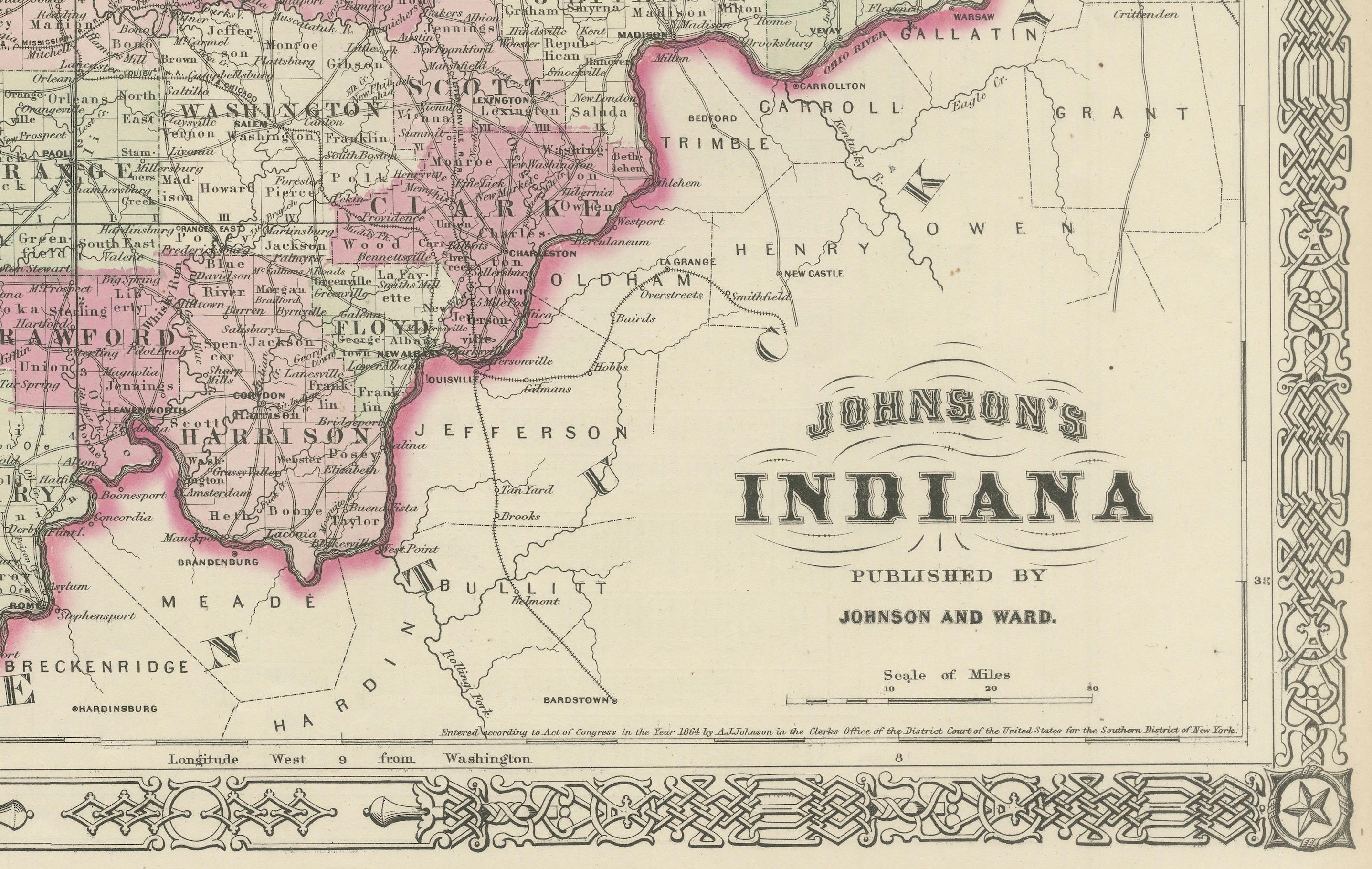 Dekorative Karte aus der Zeit des Bürgerkriegs 1864 von Indiana mit Lake Michigan-Details im Angebot 3