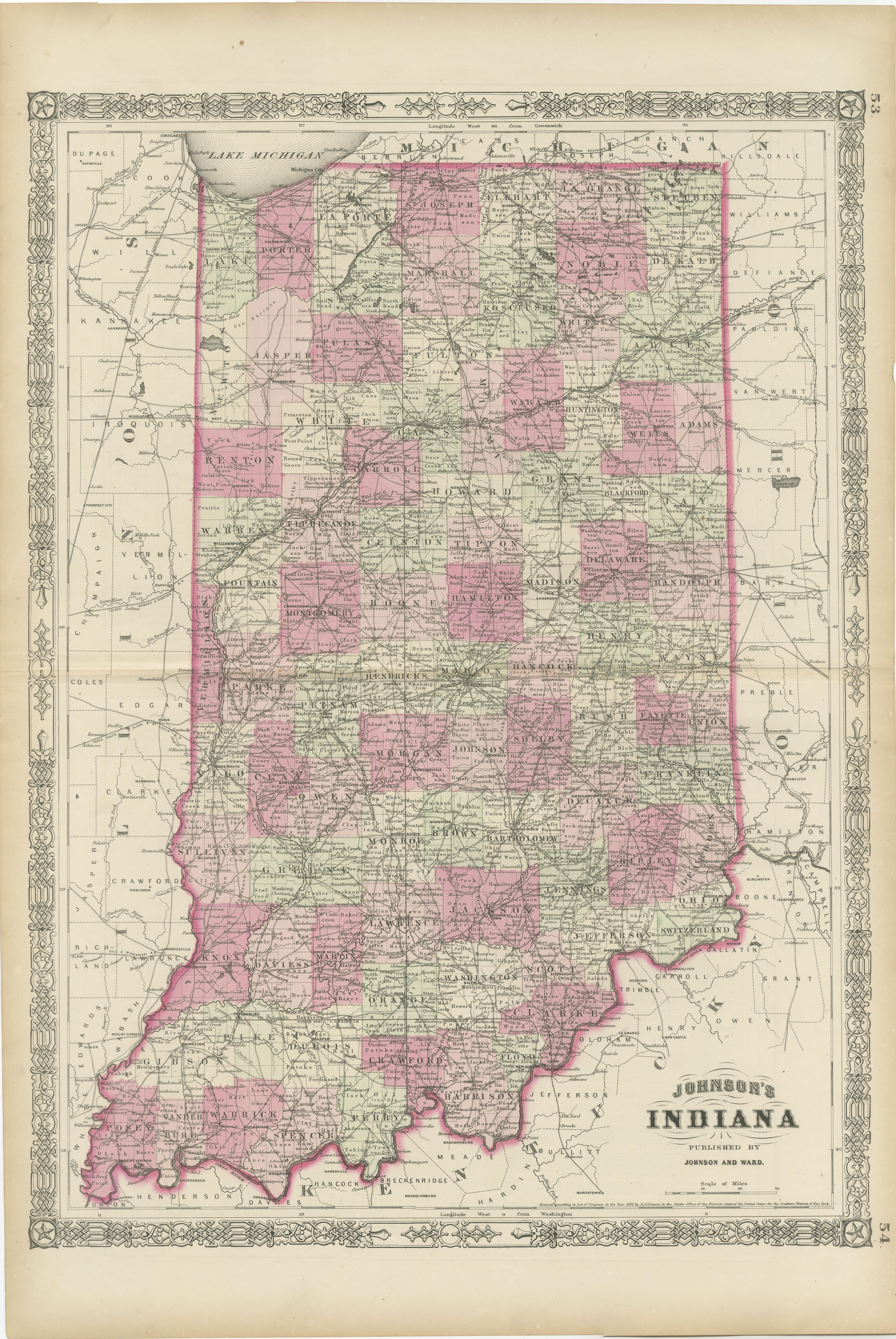 Dekorative Karte aus der Zeit des Bürgerkriegs 1864 von Indiana mit Lake Michigan-Details im Angebot 4