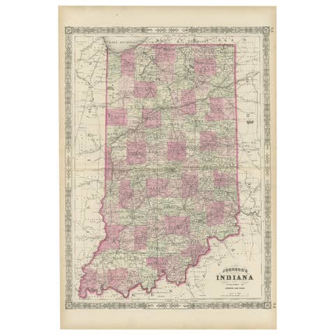 Decorative 1864 Civil War Era Map of Indiana with Lake Michigan Detail