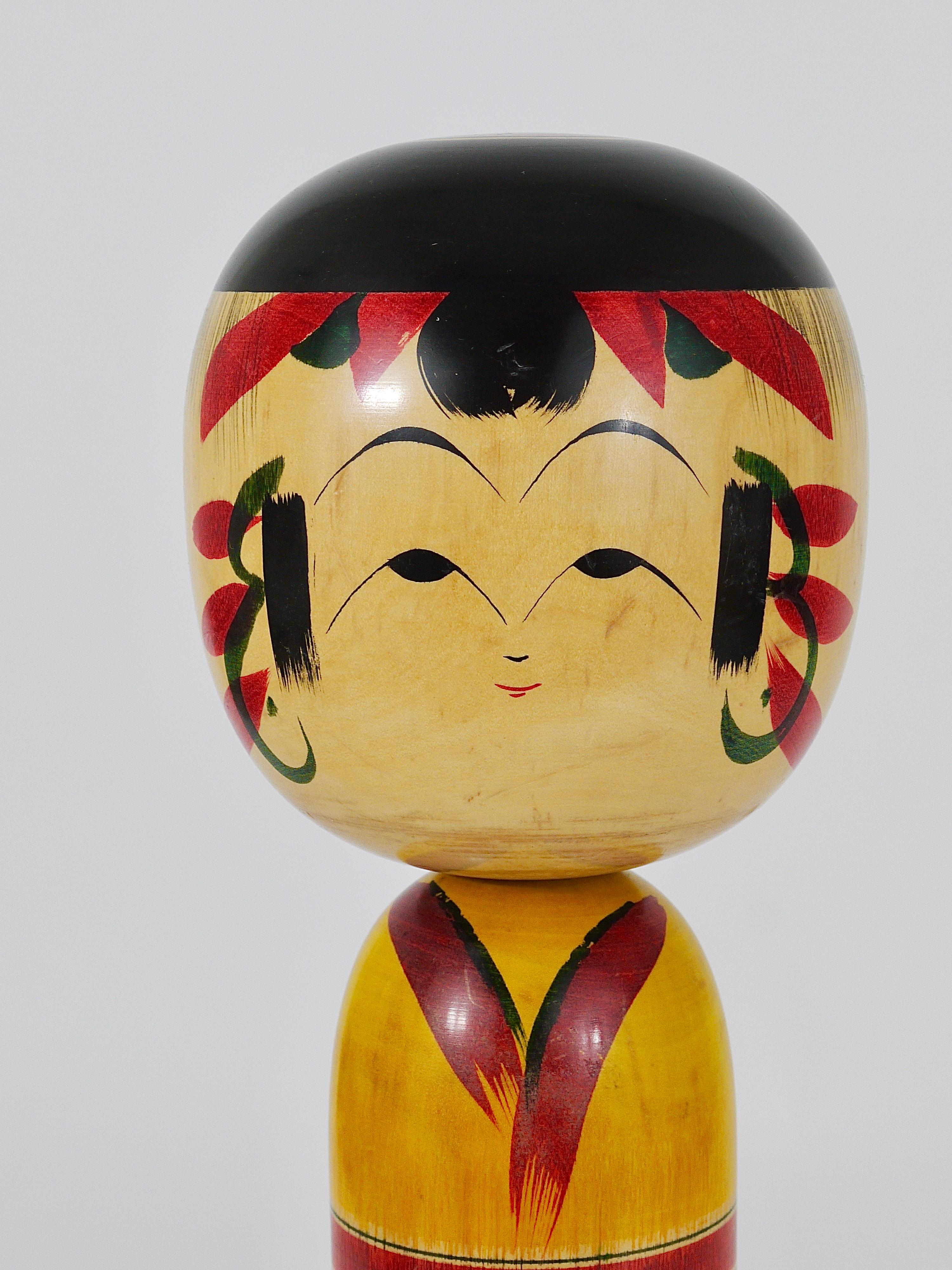 Edo Decorative Kokeshi Doll Sculpture from Northern Japan, Hand-Painted, Signed