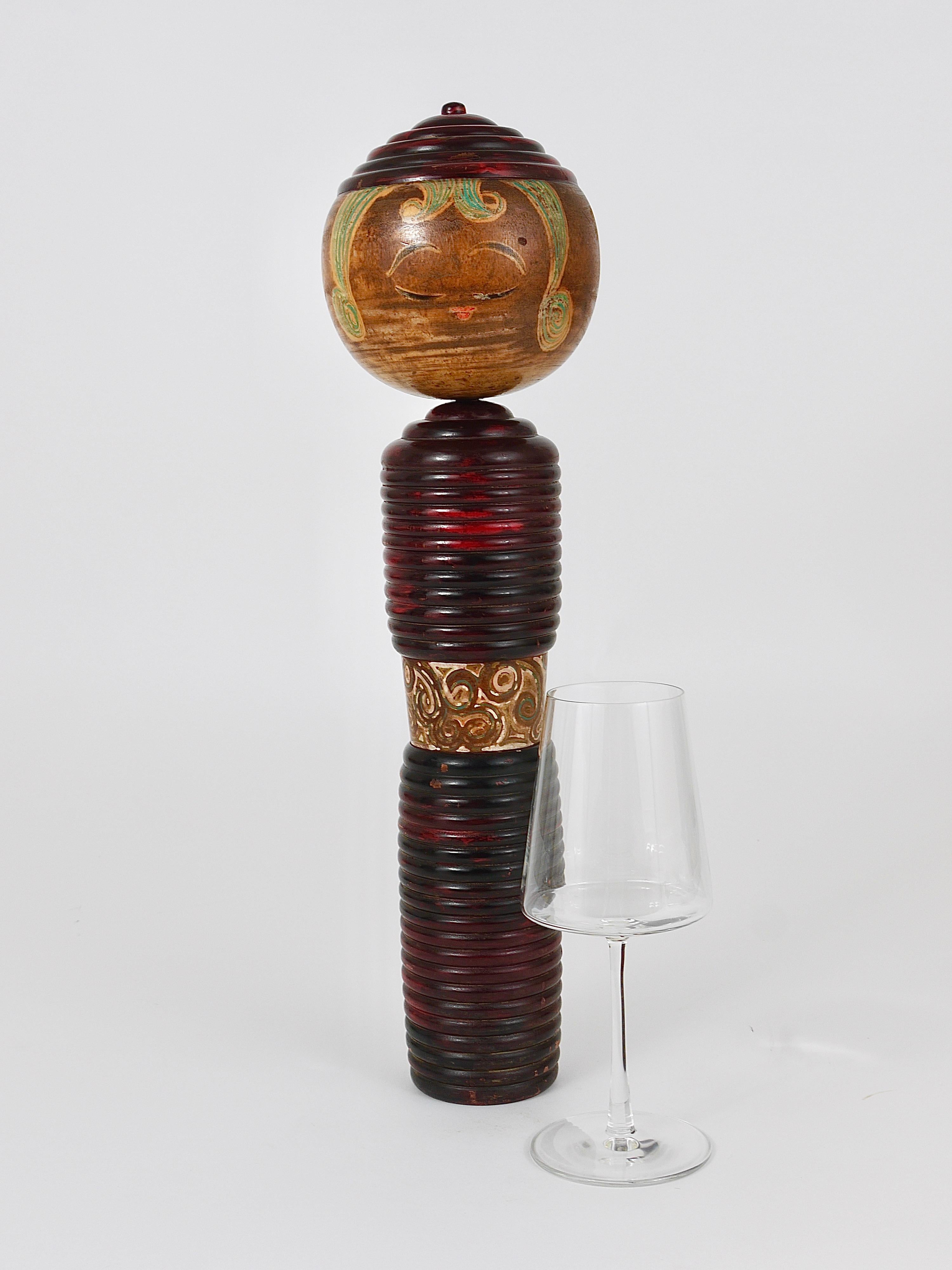 Japanese Decorative Kokeshi Doll Sculpture from Northern Japan, Hand-Painted, Signed For Sale