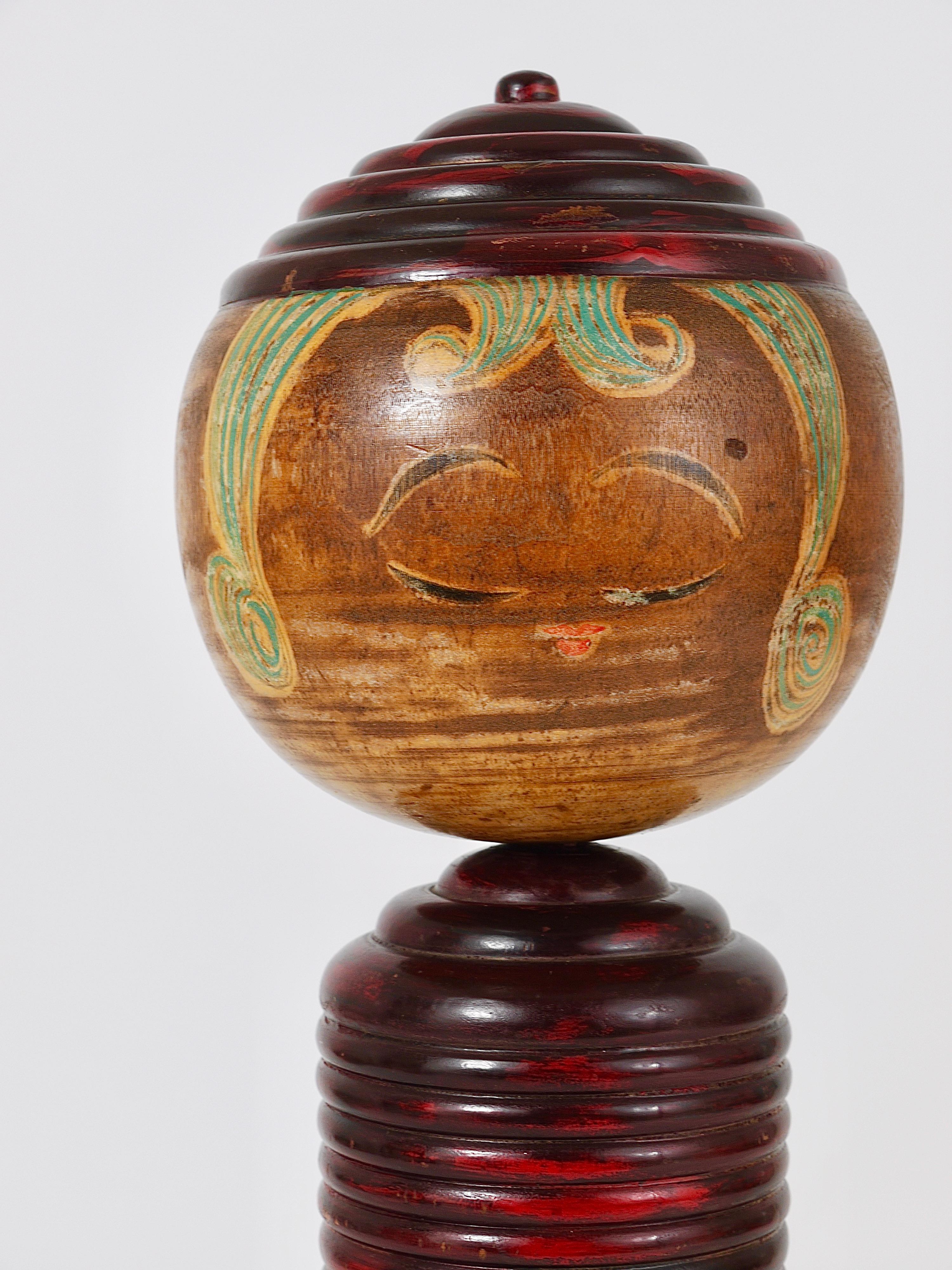 Hand-Carved Decorative Kokeshi Doll Sculpture from Northern Japan, Hand-Painted, Signed For Sale