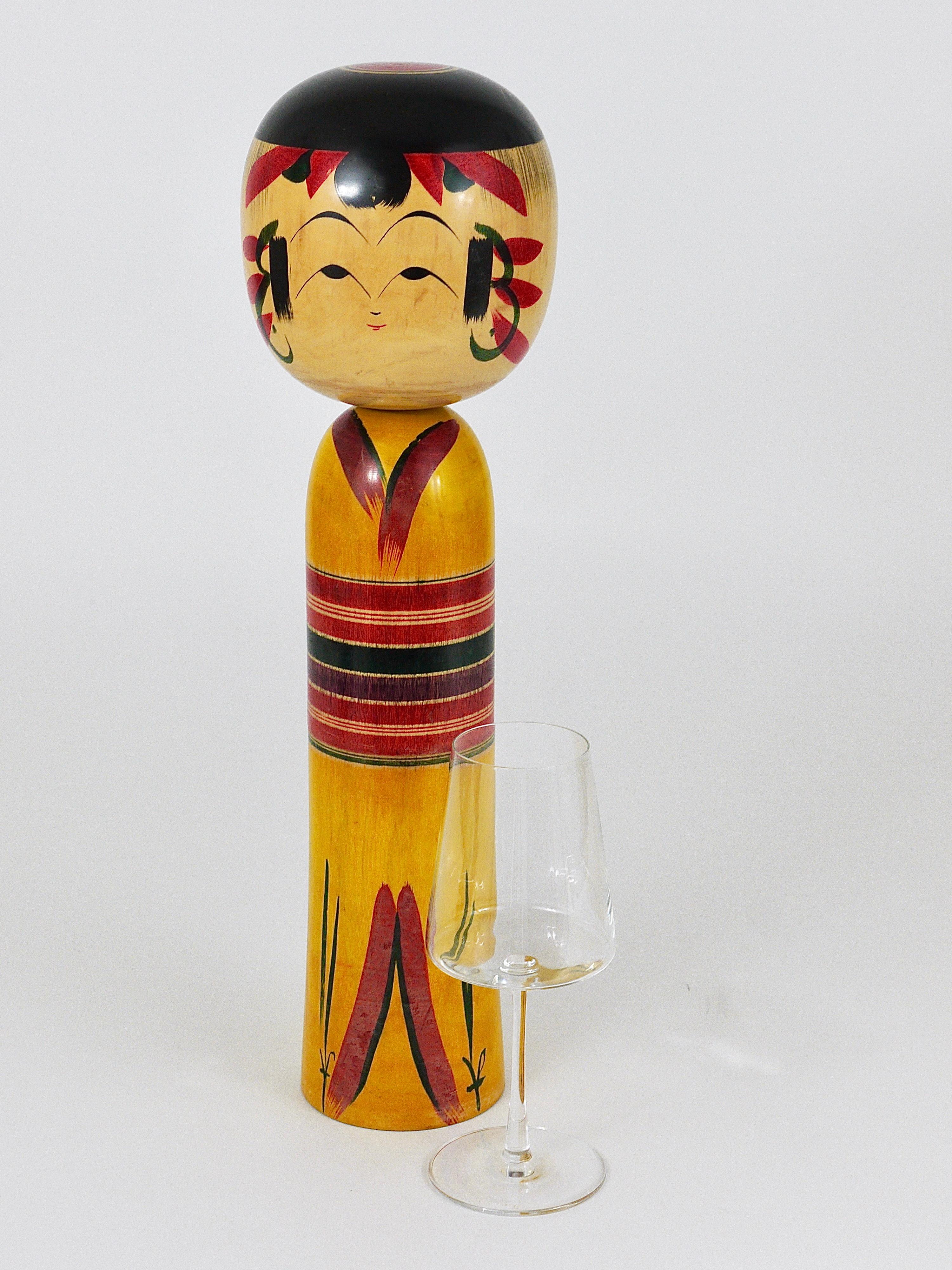 Hand-Carved Decorative Kokeshi Doll Sculpture from Northern Japan, Hand-Painted, Signed