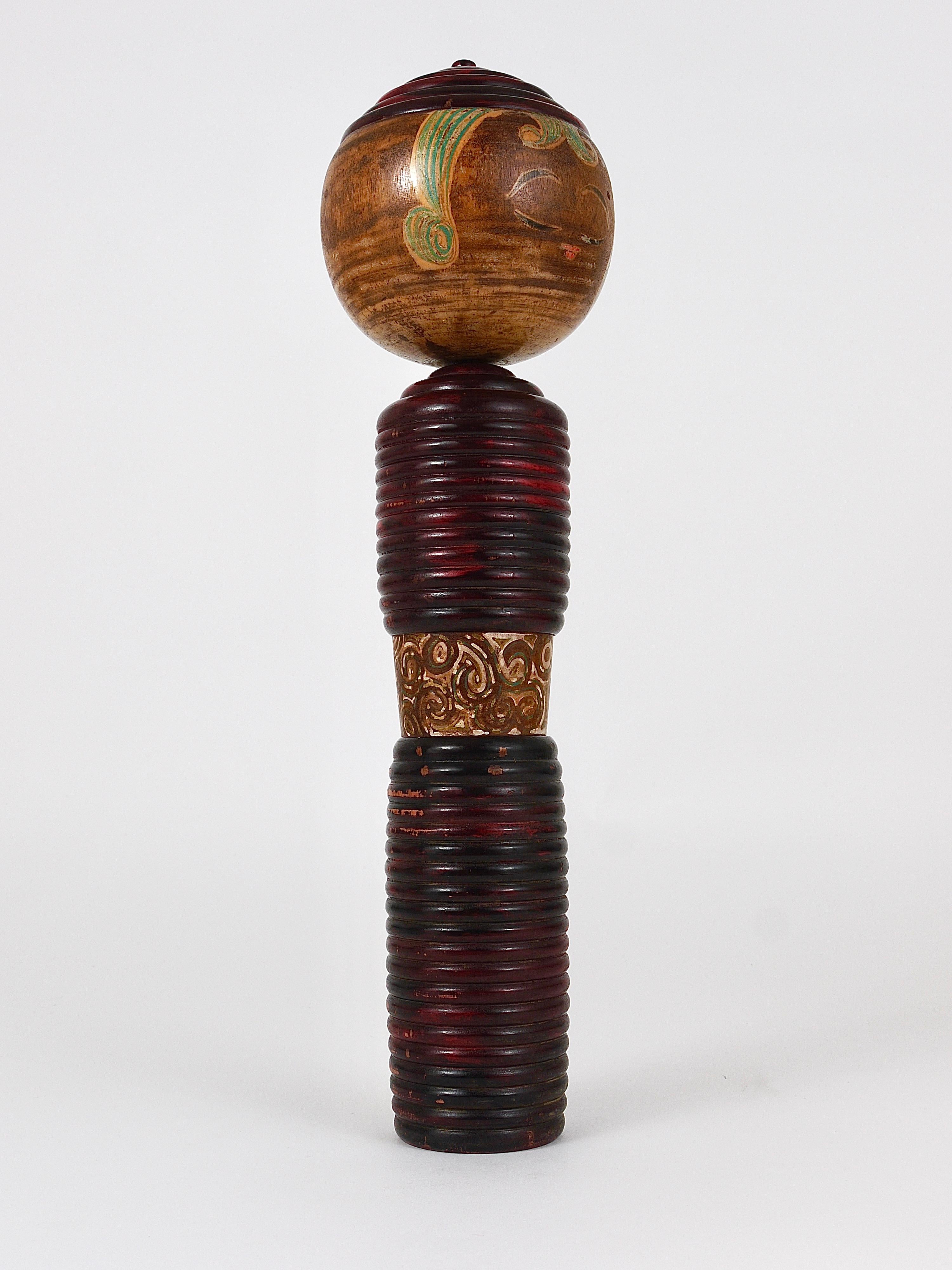 Wood Decorative Kokeshi Doll Sculpture from Northern Japan, Hand-Painted, Signed For Sale