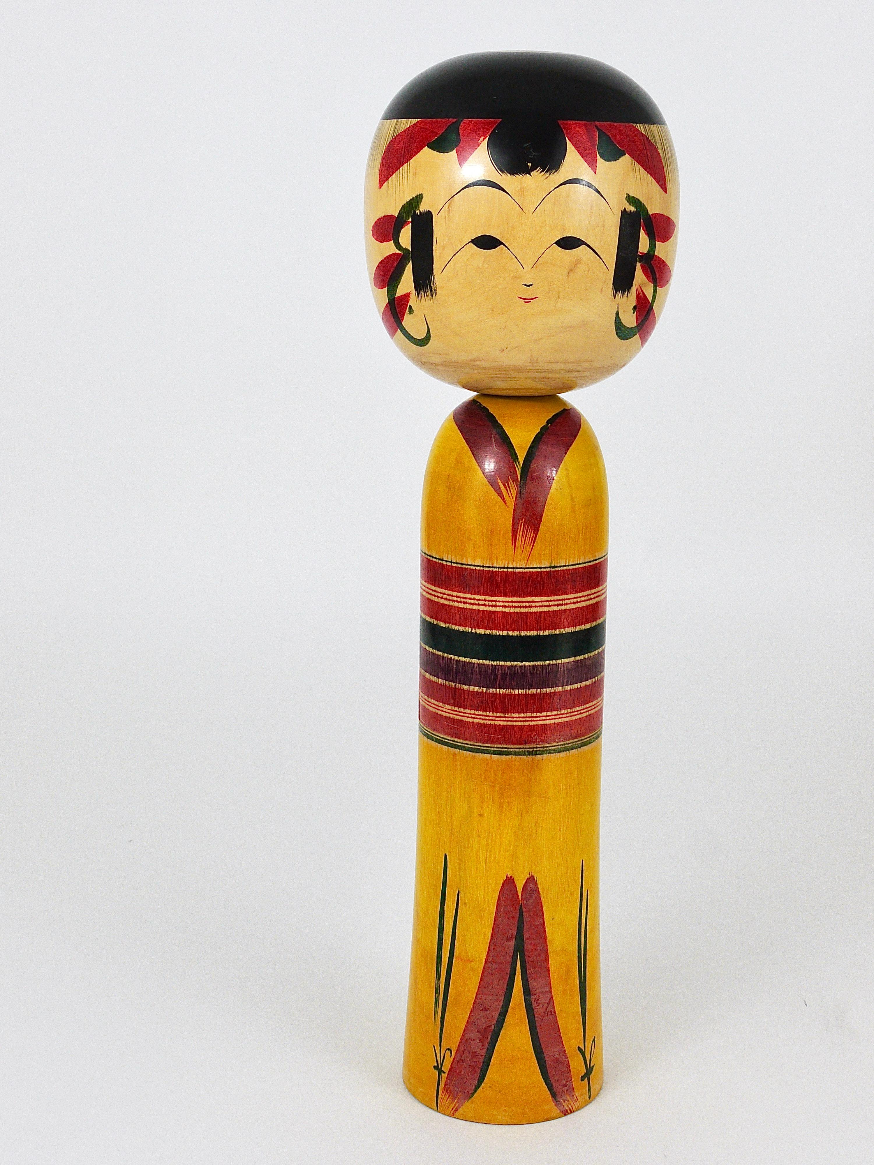 Decorative Kokeshi Doll Sculpture from Northern Japan, Hand-Painted, Signed 1