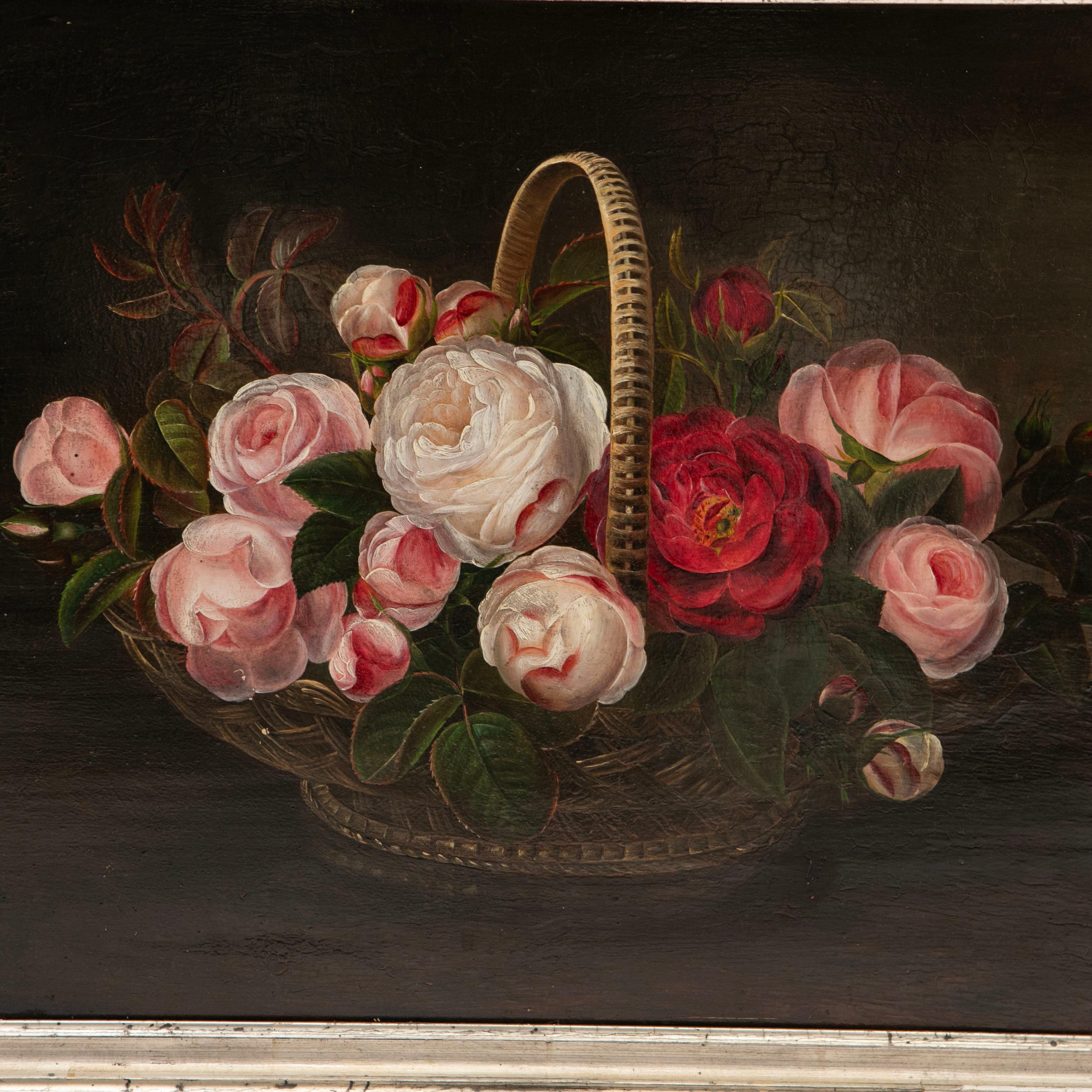 Danish Decorative 19th Century Oil Painting of Roses, I.L. Jensen School For Sale