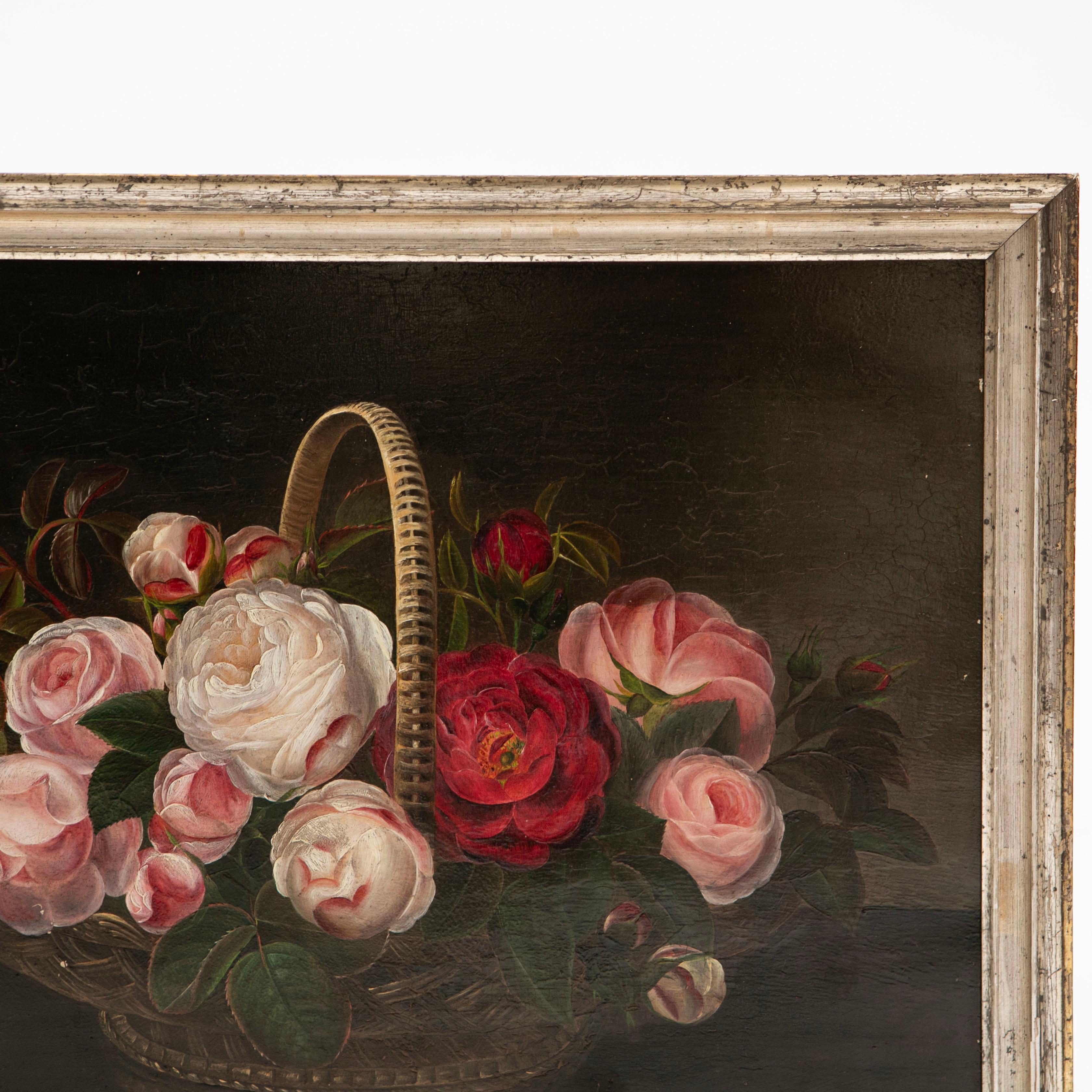 Gilt Decorative 19th Century Oil Painting of Roses, I.L. Jensen School For Sale