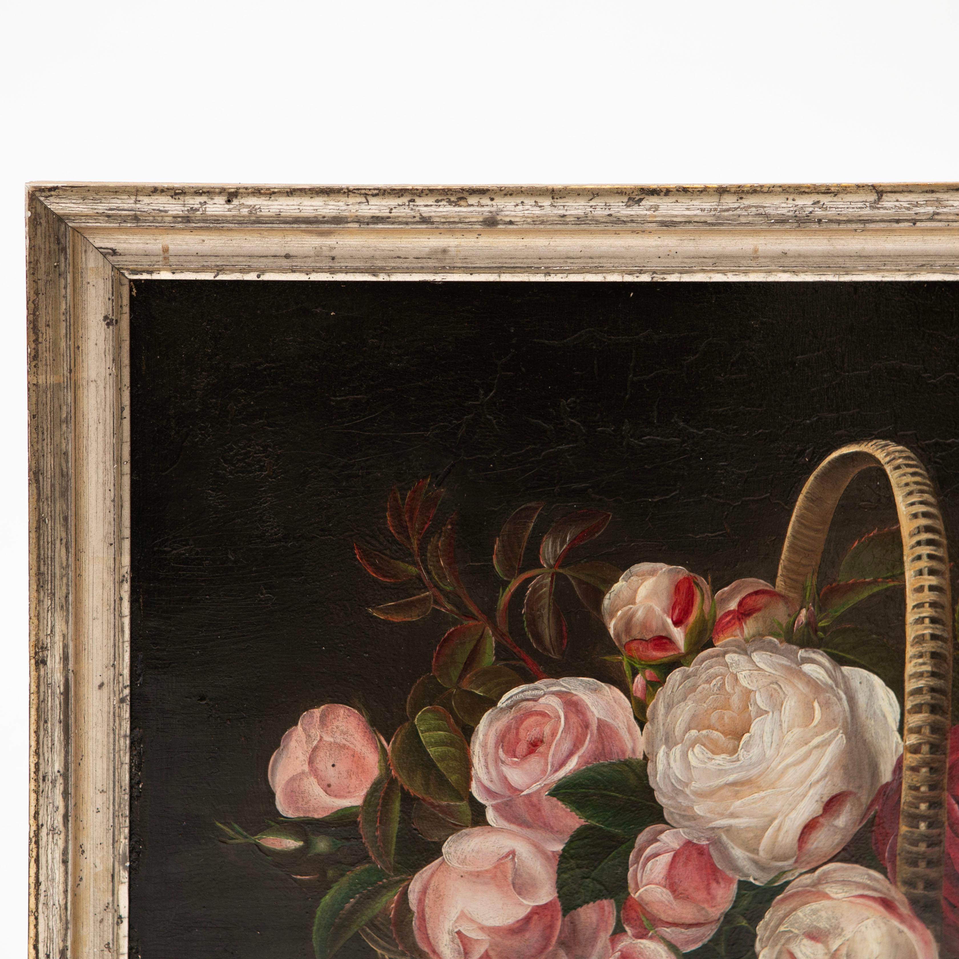 Canvas Decorative 19th Century Oil Painting of Roses, I.L. Jensen School For Sale