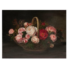Cuadro decorativo al óleo de rosas del siglo XIX, I.L. Escuela Jensen