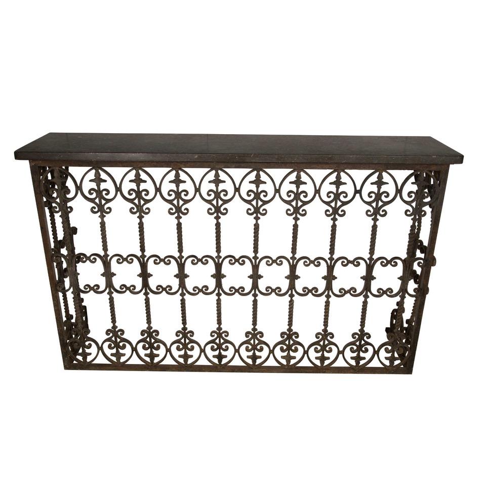 French Decorative 19th Century Wrought Iron Balcony or Console with Fossil Marble Top