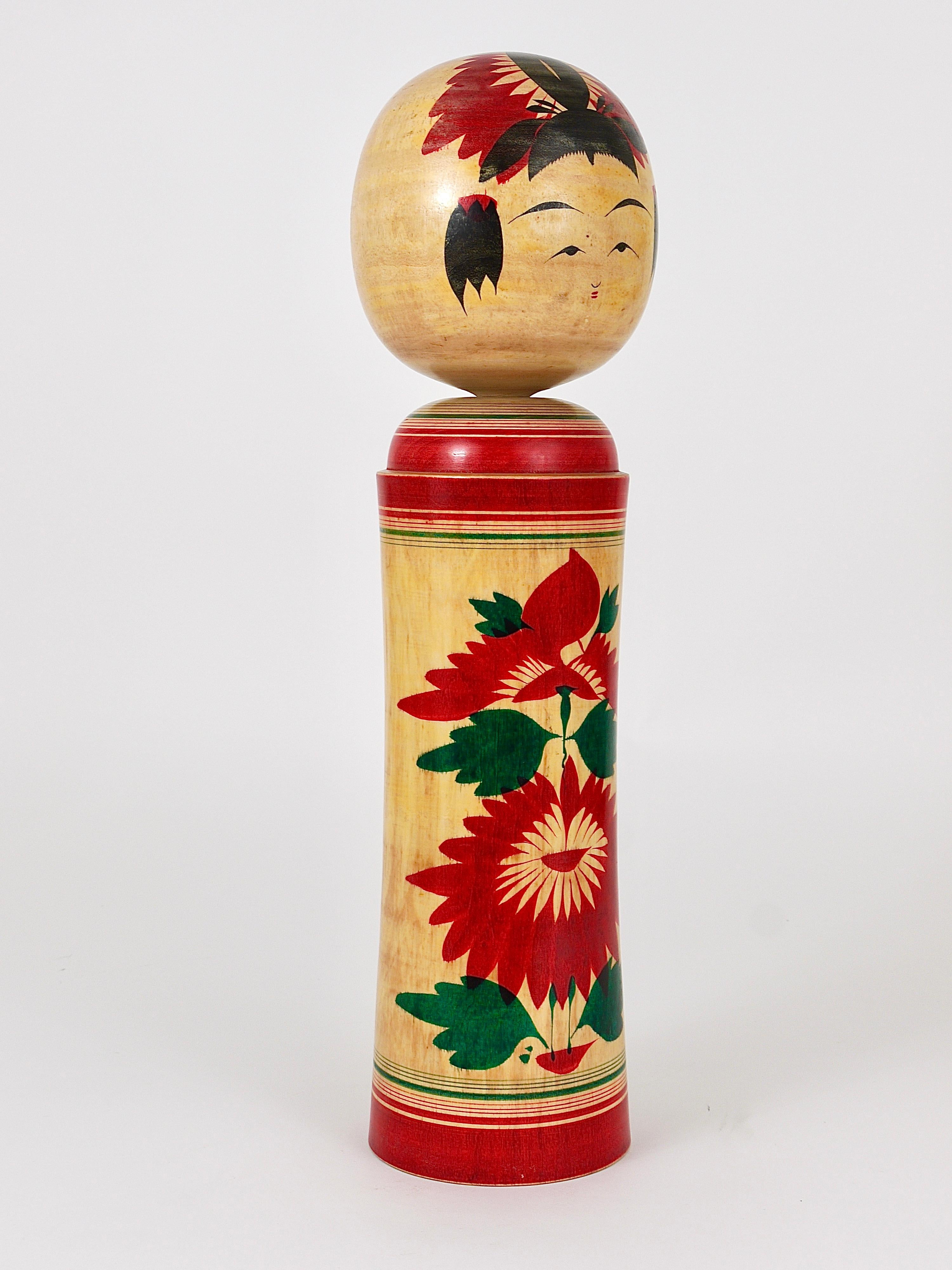 Japanese Decorative Naruko Kokeshi Doll Sculpture from Northern Japan, Hand-Painted For Sale