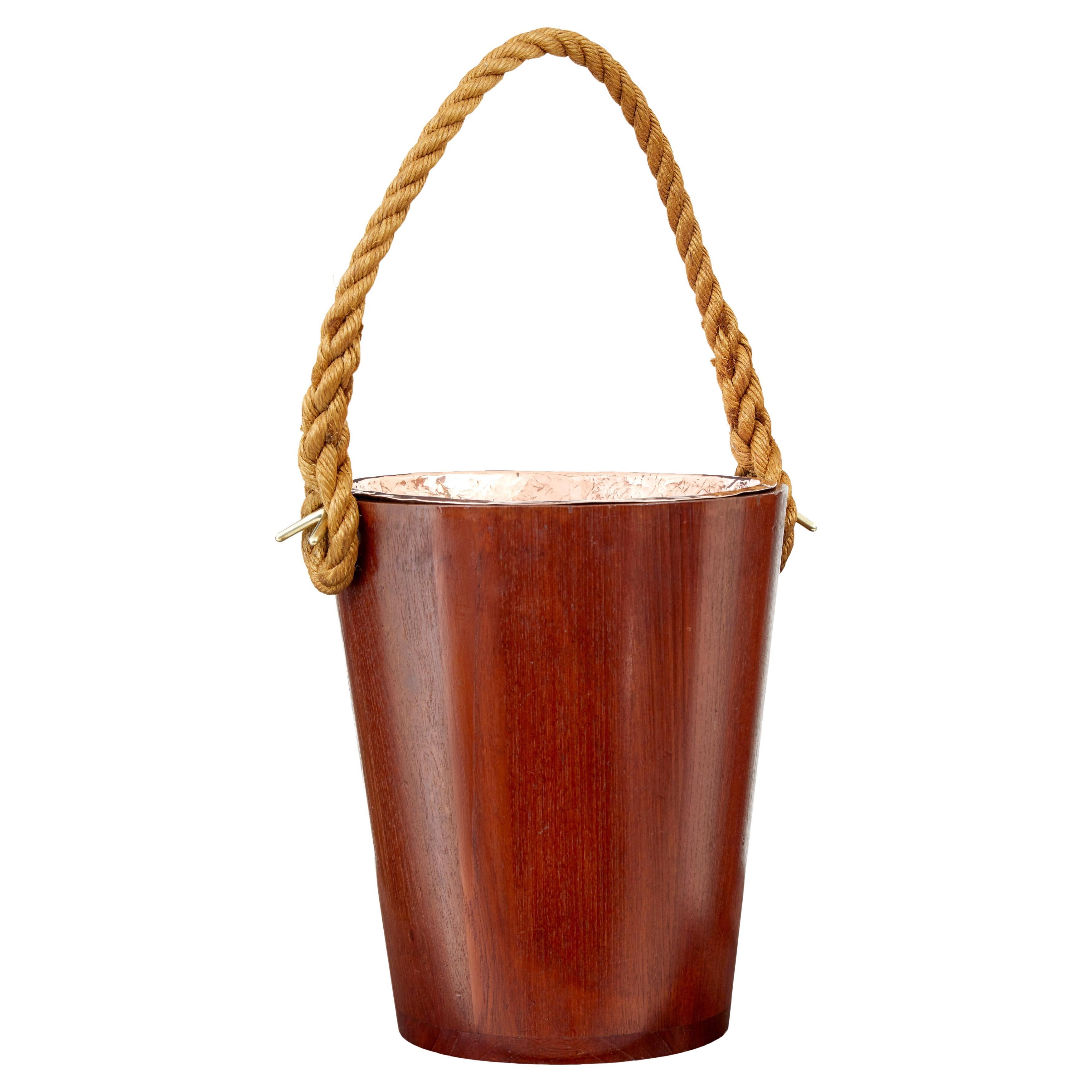 Decorative 20th century teak bucket with rope handle For Sale